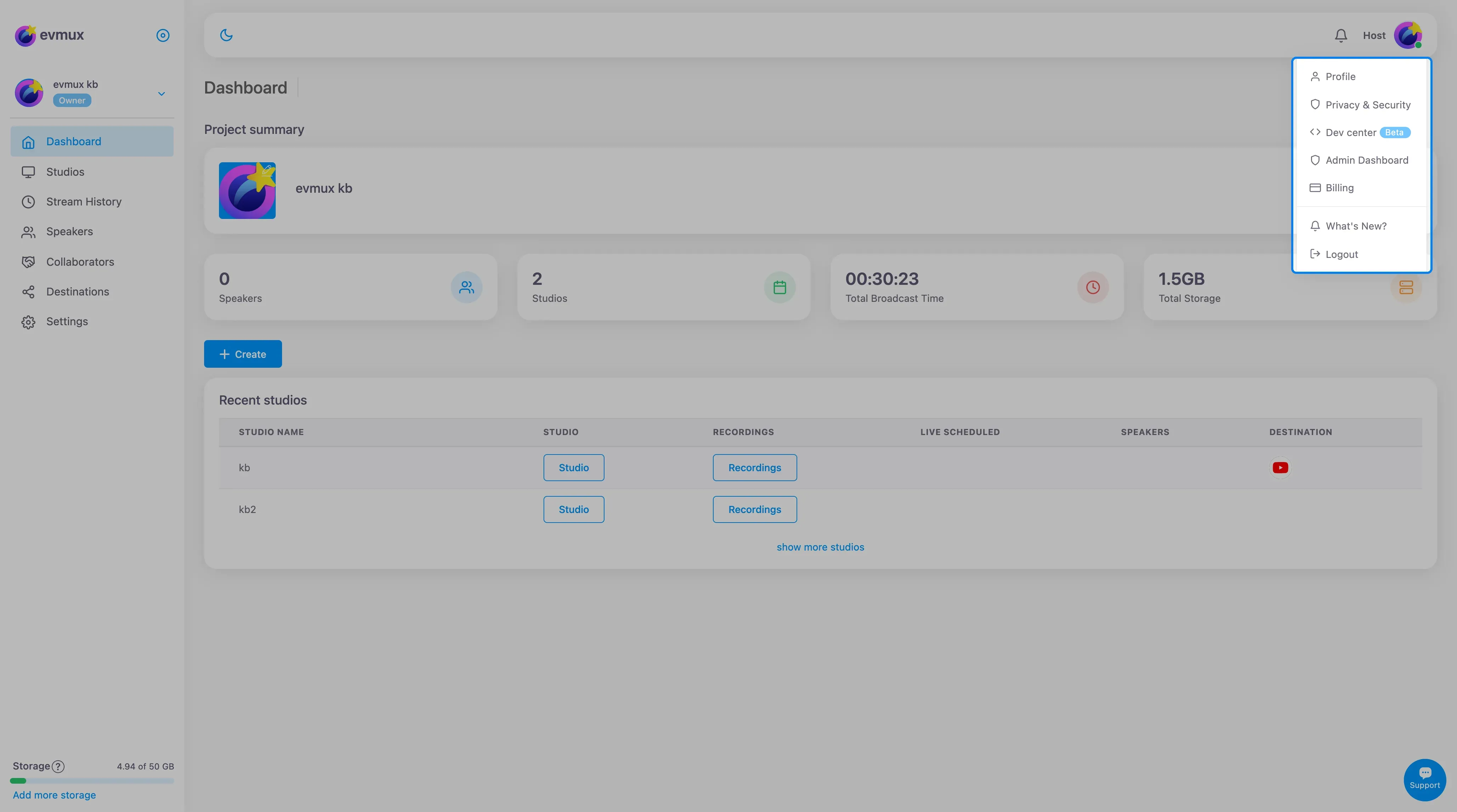 O menu de perfil do Dashboard em destaque: Profile, Privacy & Security, Dev center, Admin Dashboard, Billing, What's New e Logout