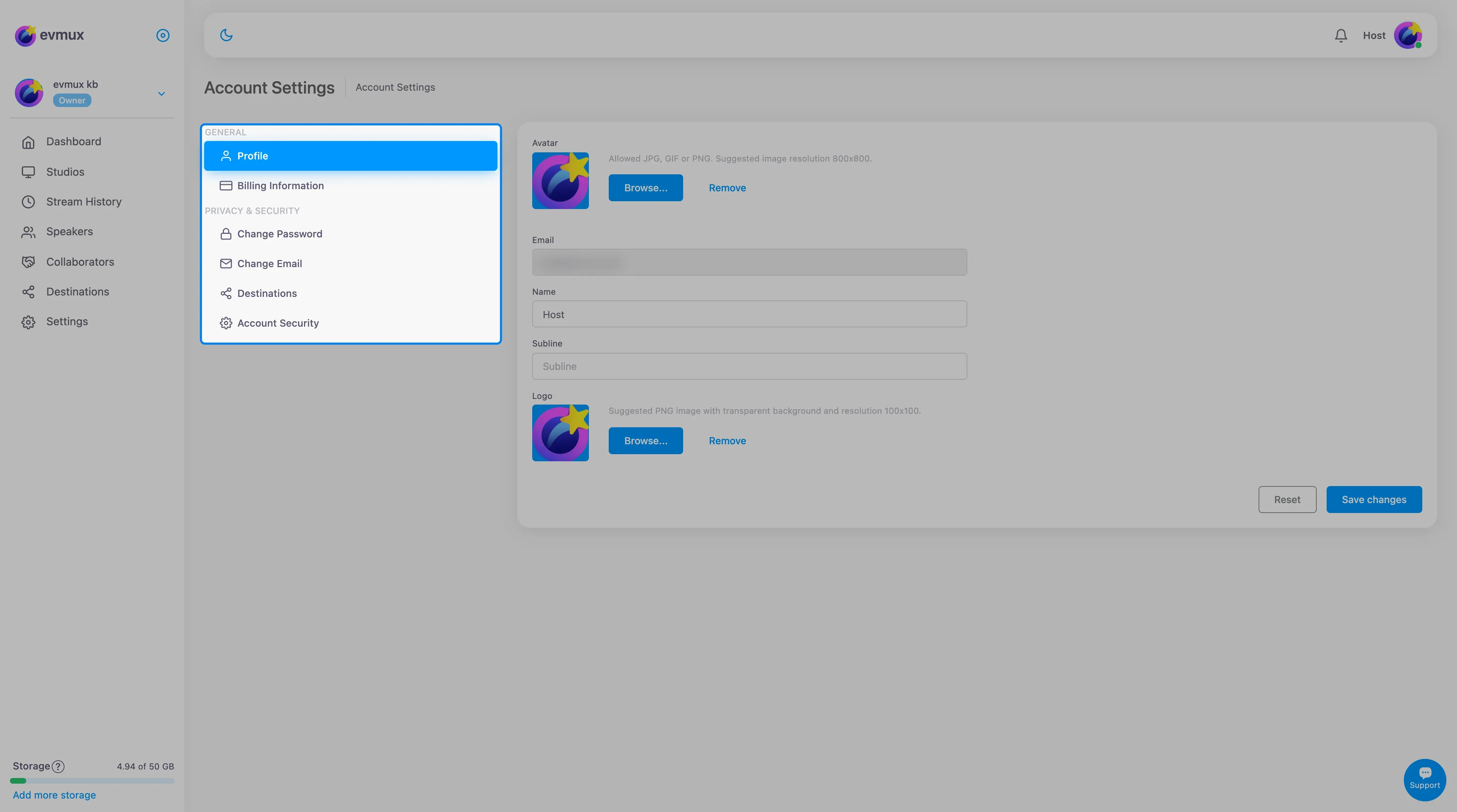A página Account Settings com as seções em destaque: Profile, Billing Information, Change Password, Change Email, Destinations e Account Security