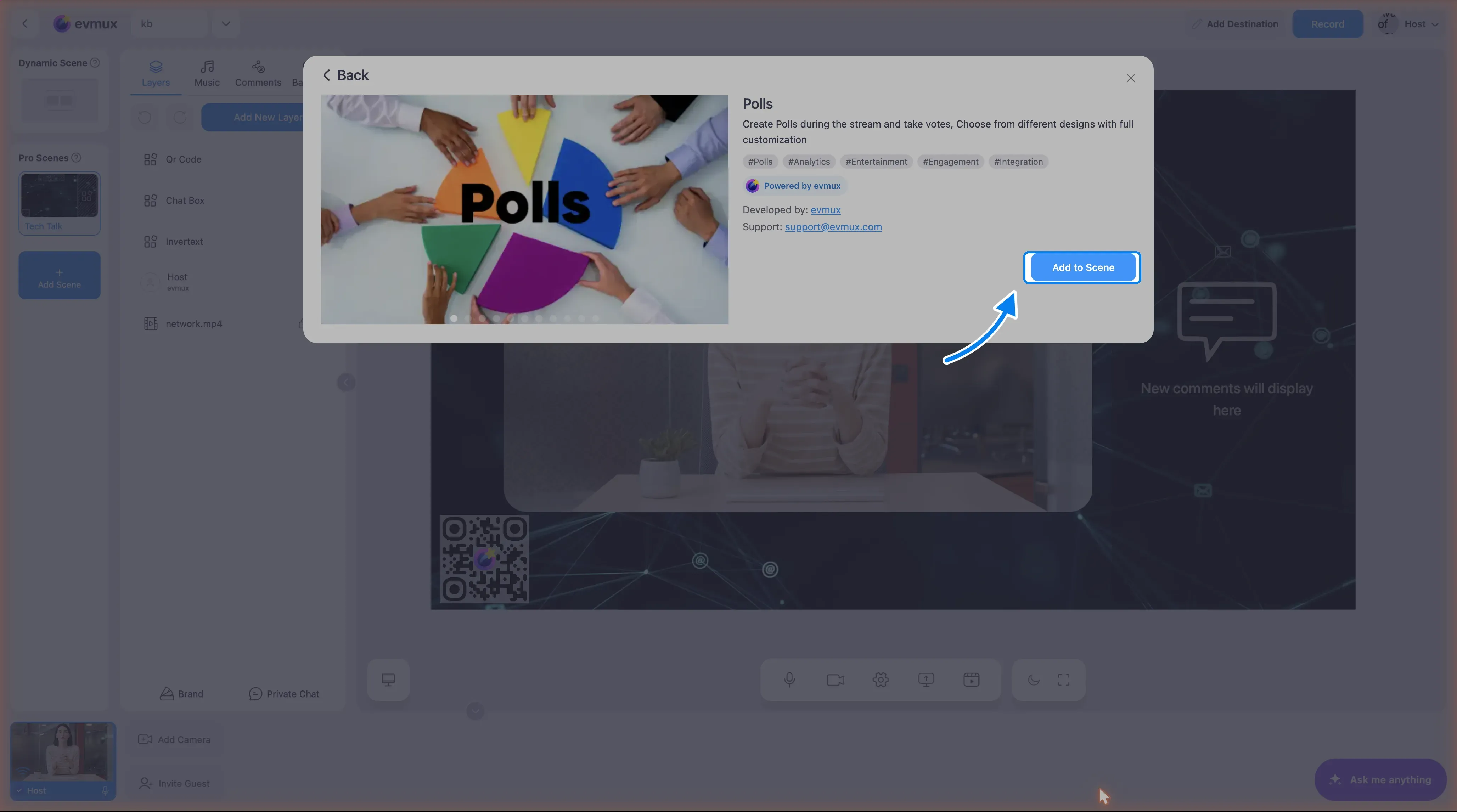 The Polls app page: description, tags, developer and support contact, with the Add to Scene button highlighted