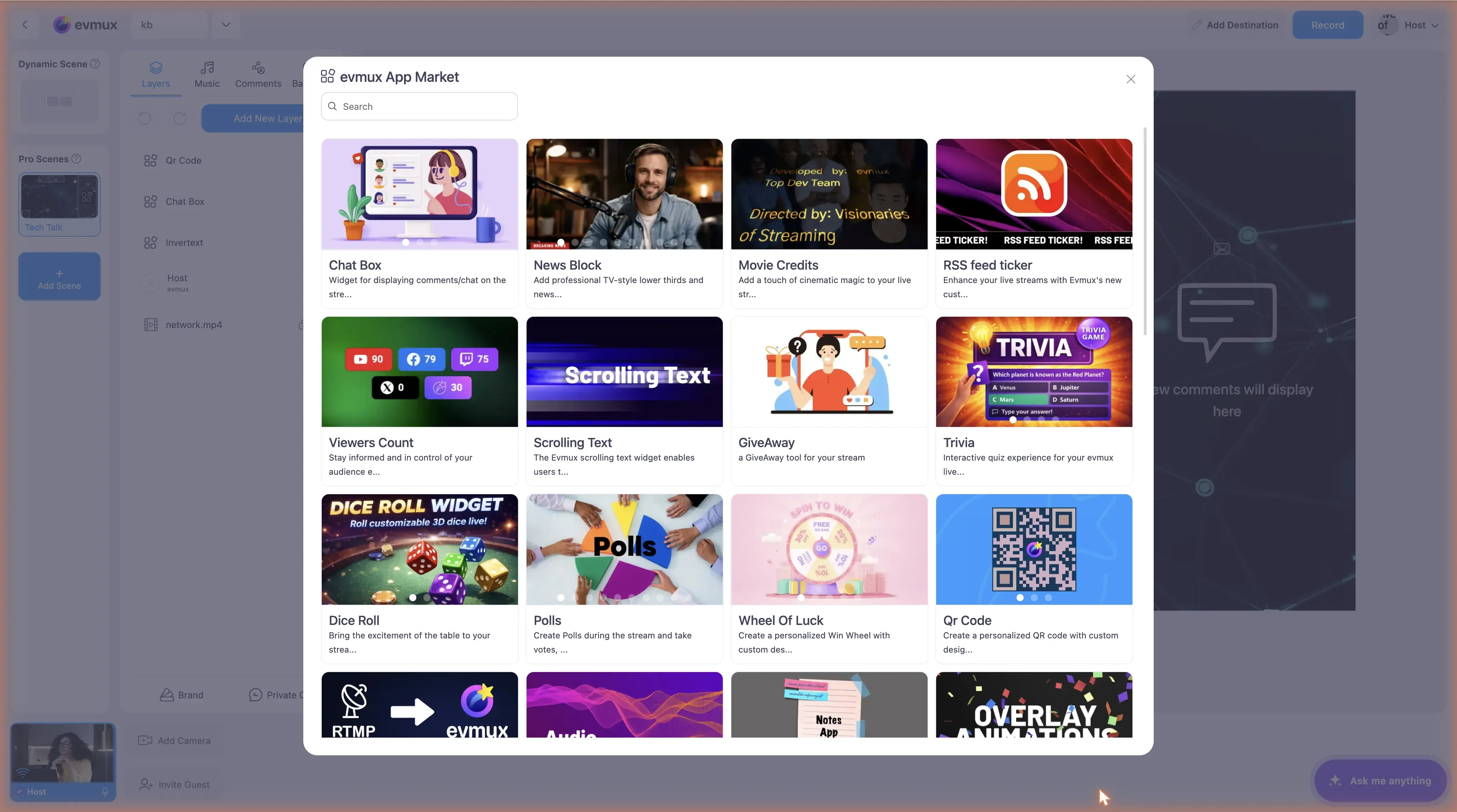 The evmux App Market dialog with a search box and a grid of apps: Chat Box, News Block, Movie Credits, RSS feed ticker, Viewers Count, Scrolling Text, GiveAway, Trivia, Dice Roll, Polls, Wheel Of Luck, Qr Code and more