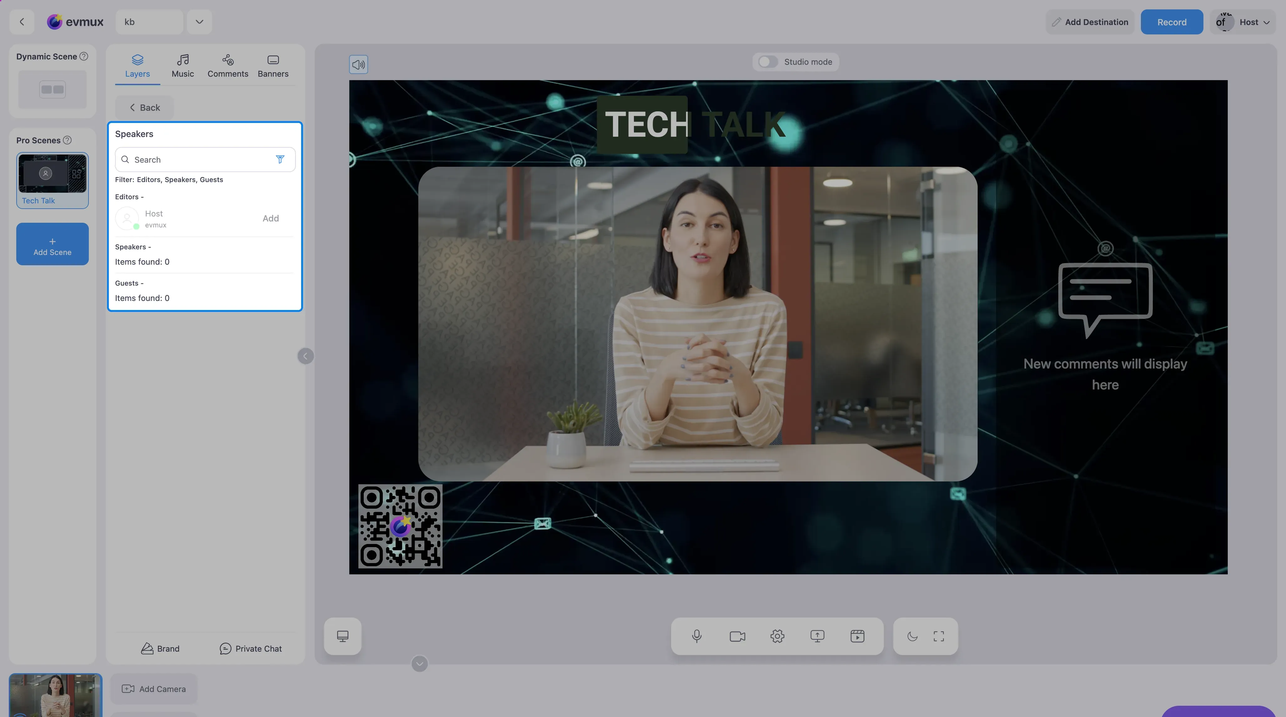The Speaker chooser in the Layers panel, highlighted: search, a filter icon, and the Editors, Speakers and Guests groups with an Add link next to each person
