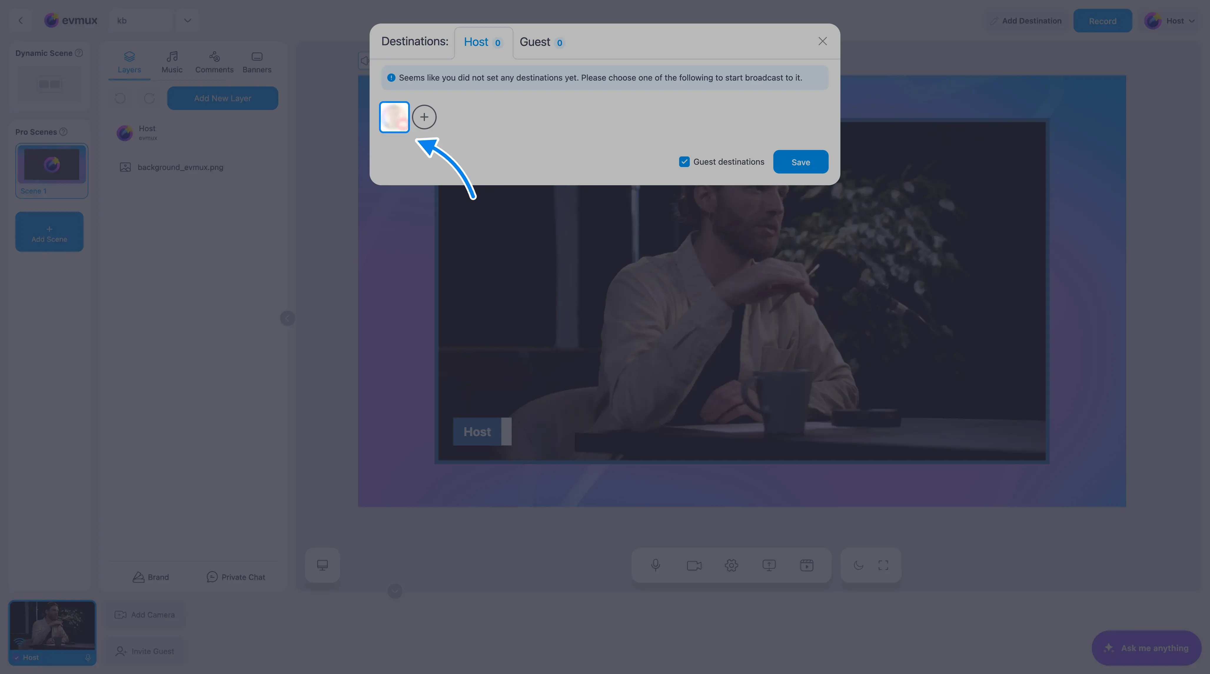 A janela Destinations com uma conta do YouTube conectada anteriormente mostrada como um avatar acinzentado ao lado do botão +, destacada