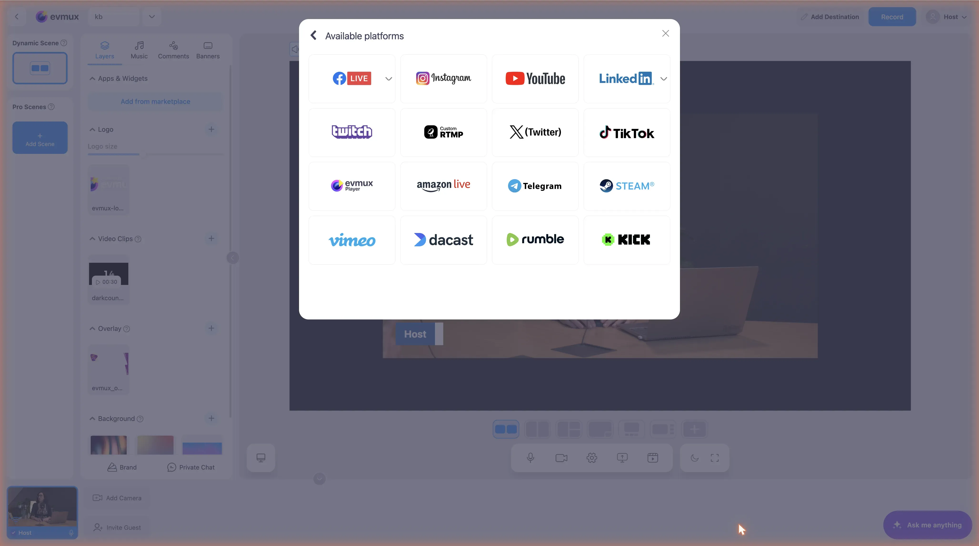 The Available platforms grid: Facebook Live, Instagram, YouTube, LinkedIn, Twitch, Custom RTMP, X, TikTok, evmux Player, Amazon Live, Telegram, Steam, Vimeo, Dacast, Rumble and Kick