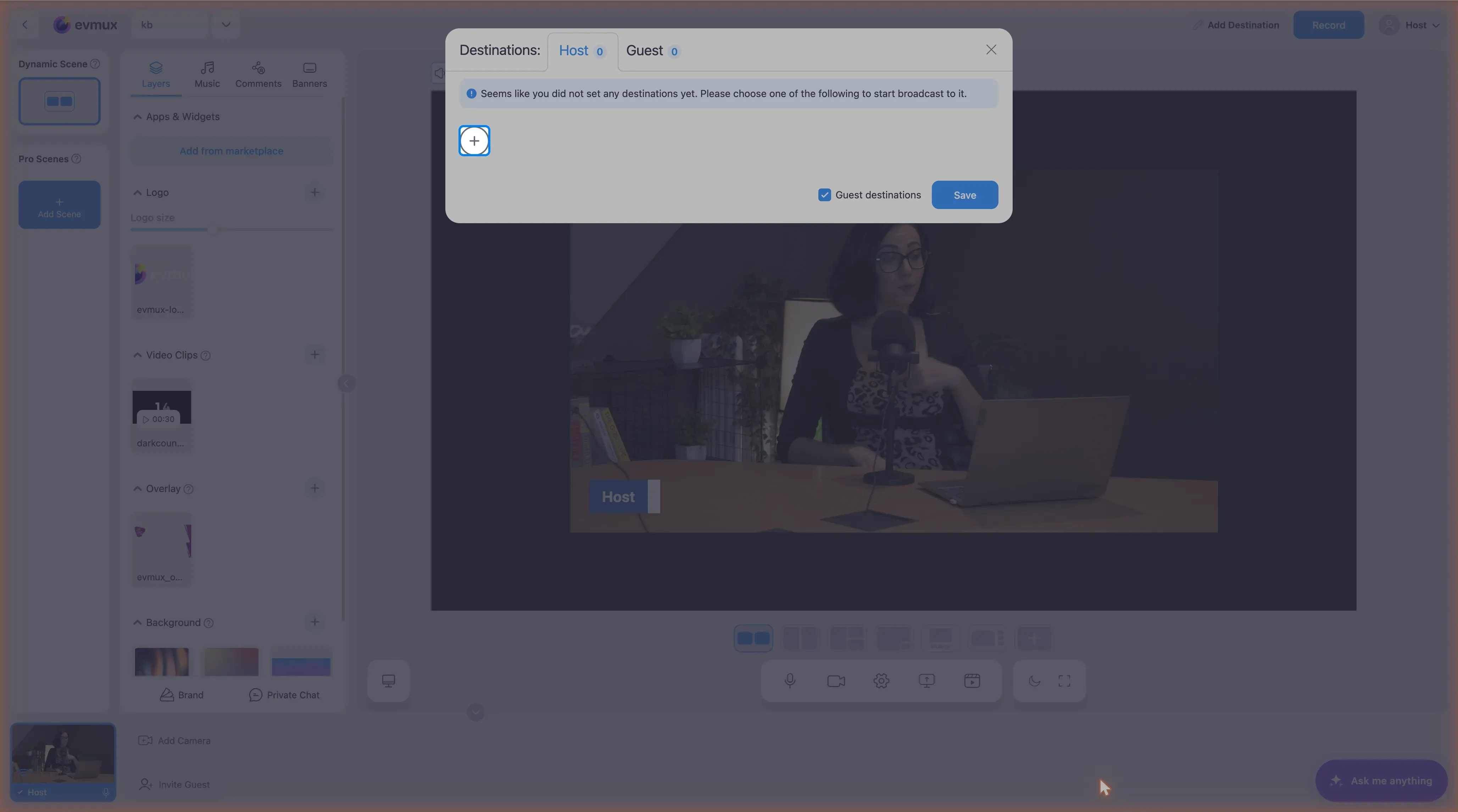 The Destinations popup before any platform is connected, with the + button highlighted