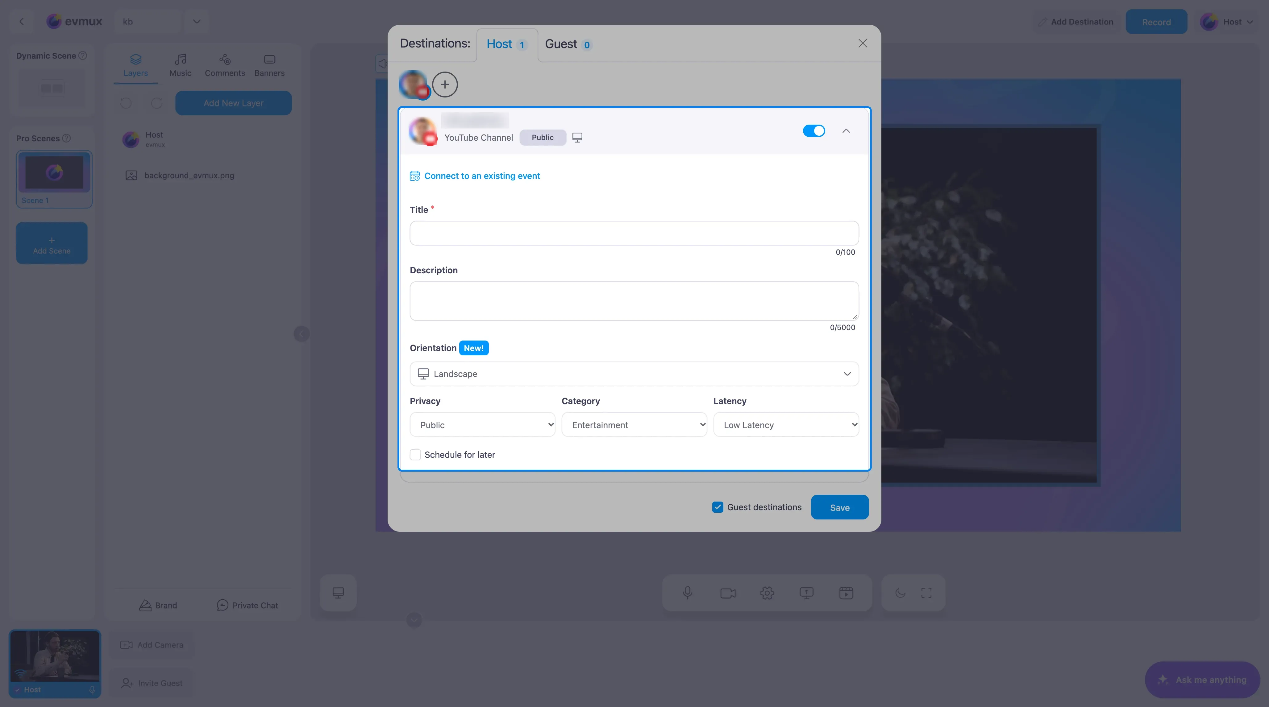 Um destino do YouTube expandido na janela Destinations, destacado: Connect to an existing event, Title, Description, Orientation, Privacy, Category, Latency e Schedule for later