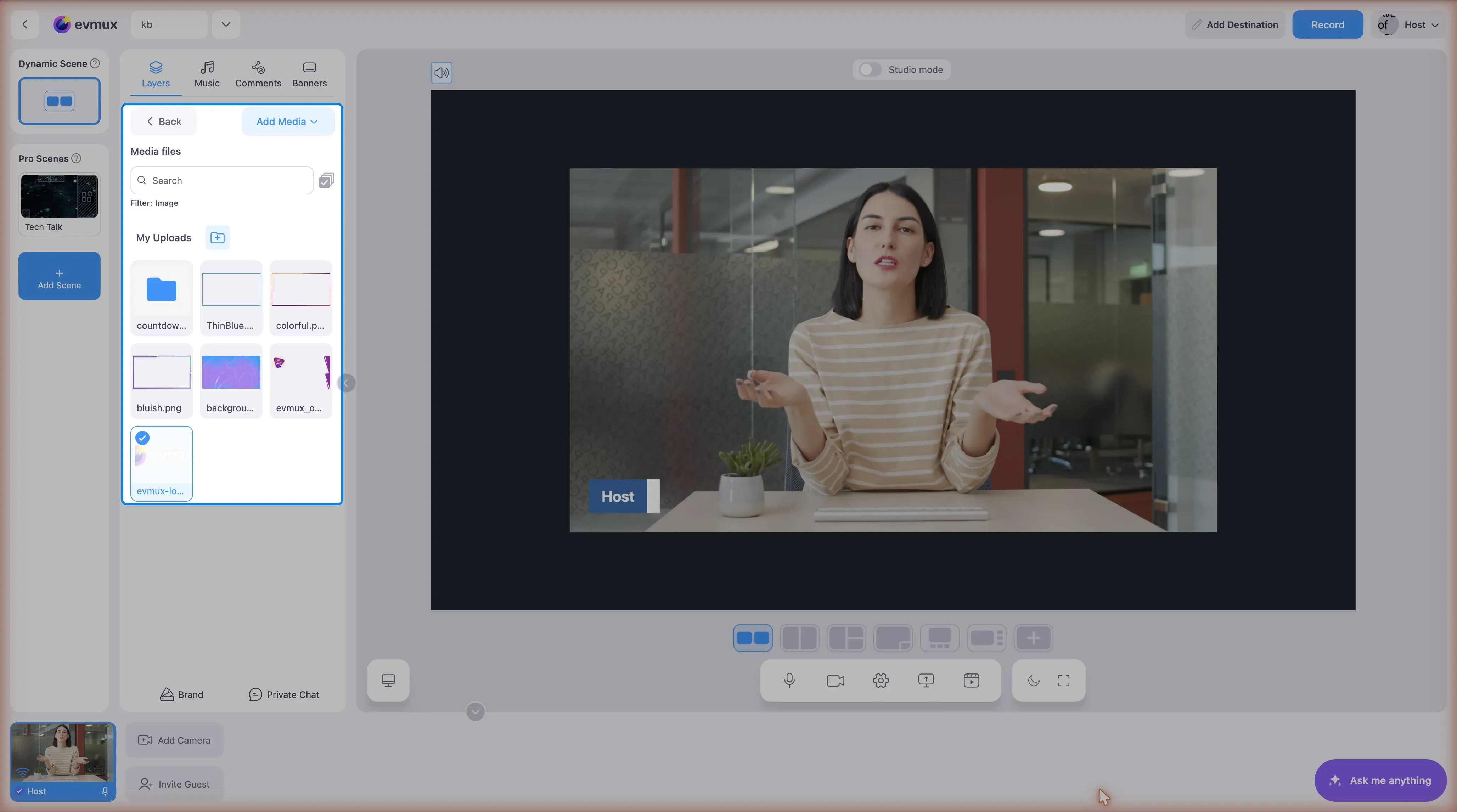 The media chooser inside the Layers panel, filtered to images, with an Add Media button and the uploaded files