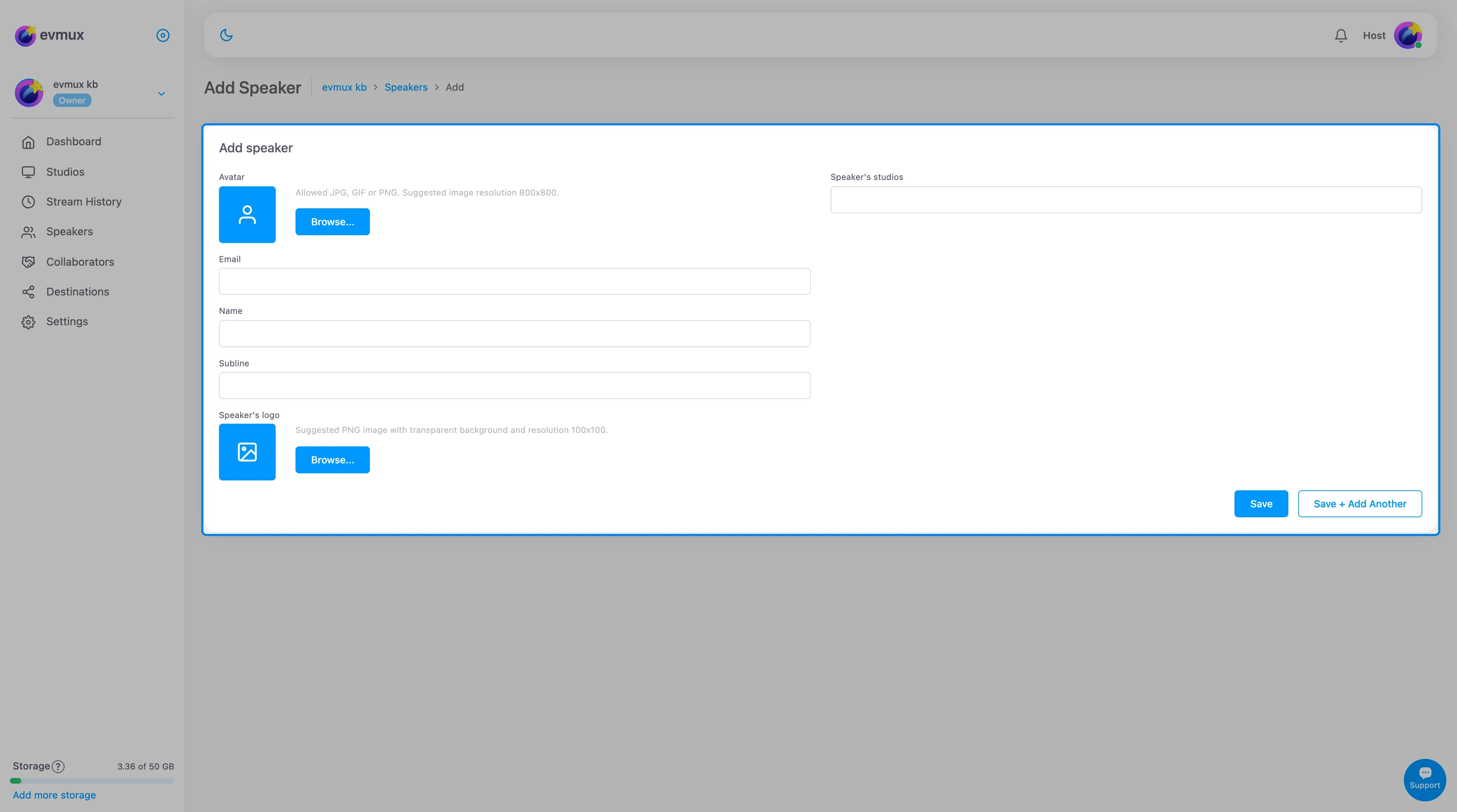O formulário Add speaker destacado: avatar, e-mail, nome, sublinha, logo do speaker e estúdios do speaker, com Save e Save + Add Another