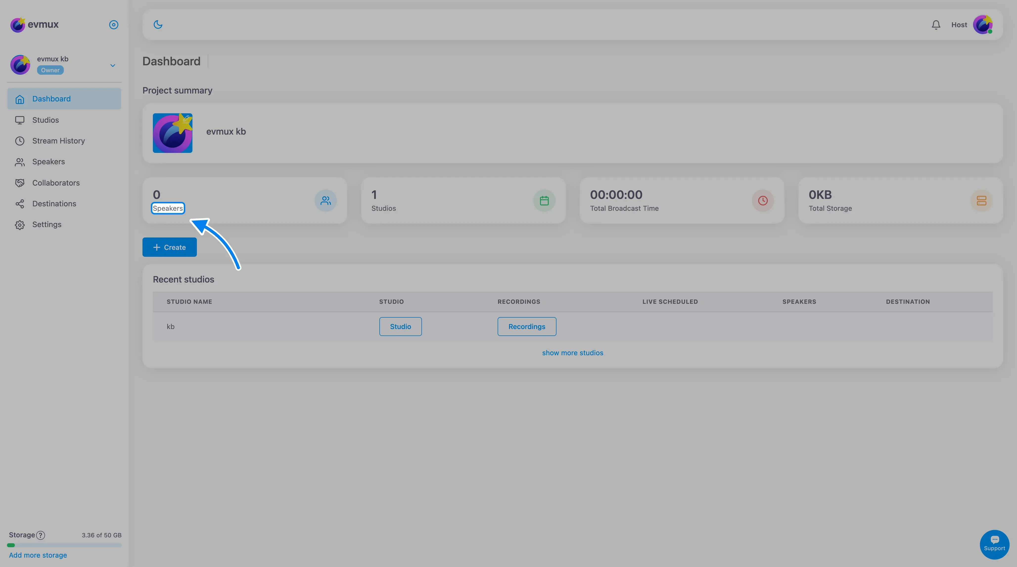 O dashboard com Speakers destacado na navegação à esquerda