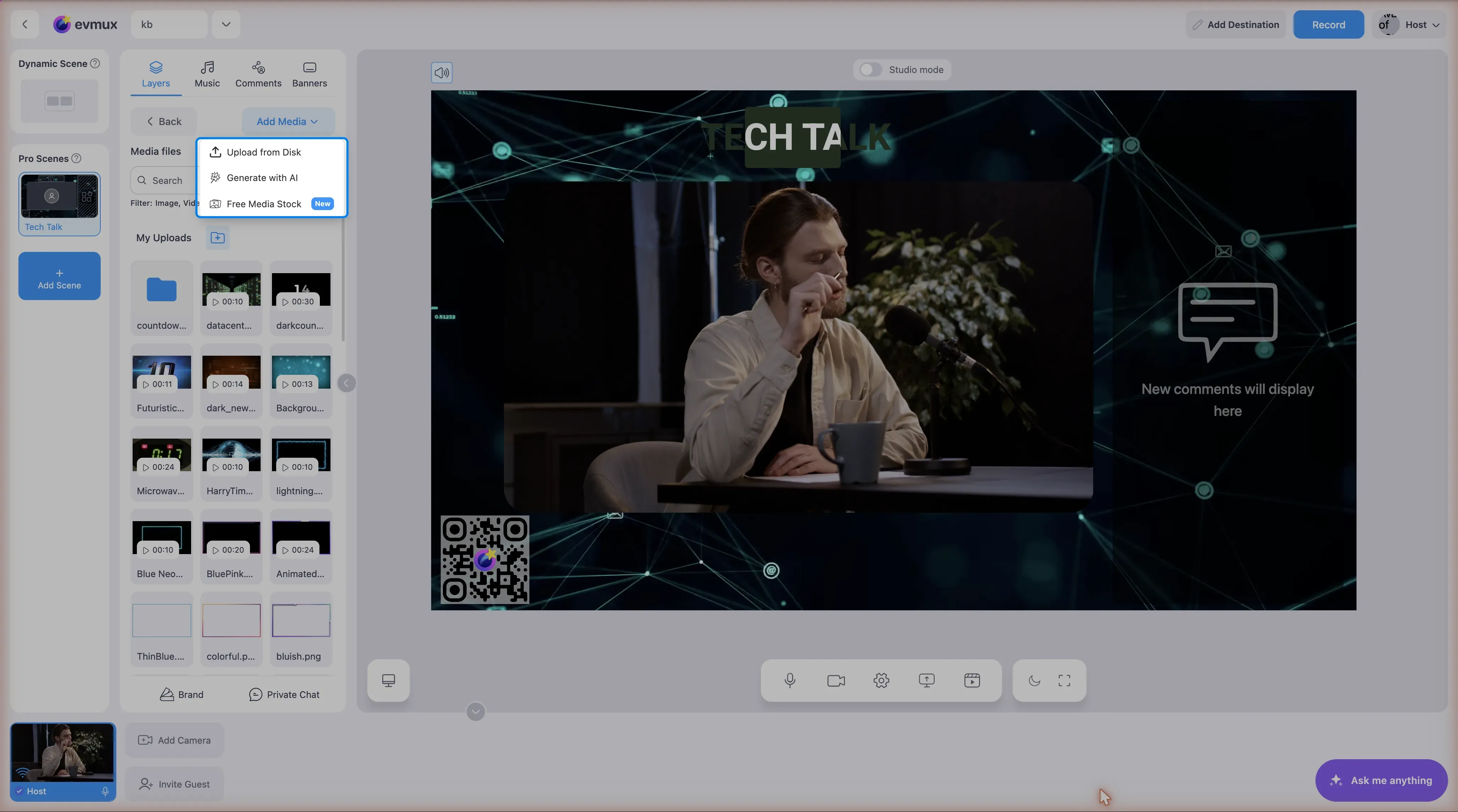 The Add Media dropdown highlighted: Upload from Disk, Generate with AI, and Free Media Stock