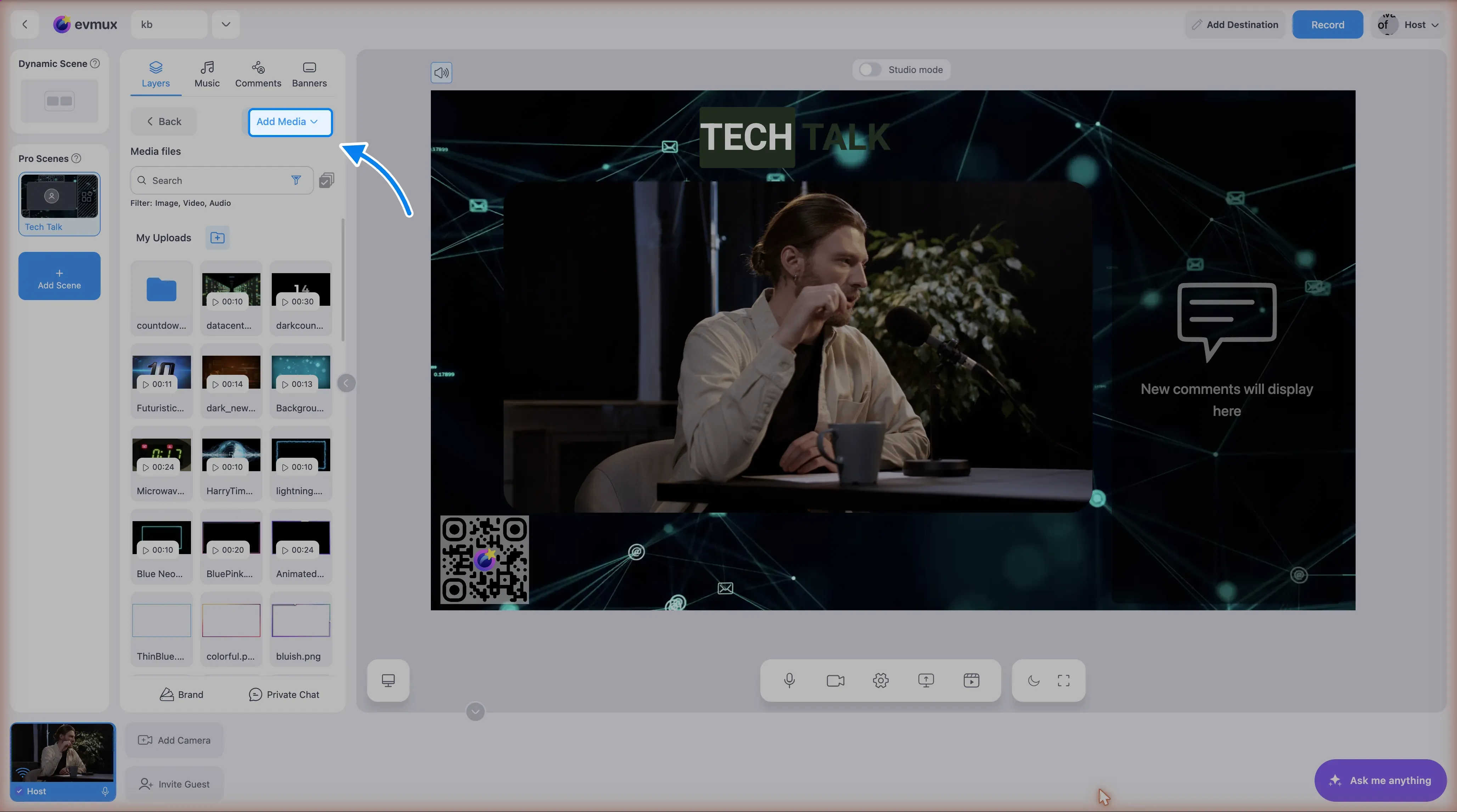 The Media Files chooser inside the Layers panel, showing uploaded videos with their durations, and the Add Media button pointed out