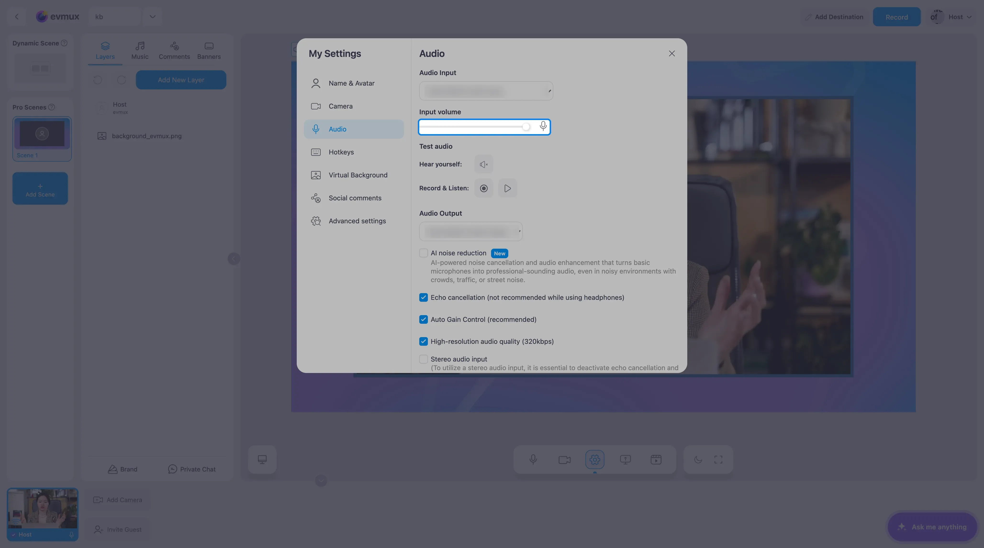 The Audio page of the settings popup with the Input volume slider and the mic test controls