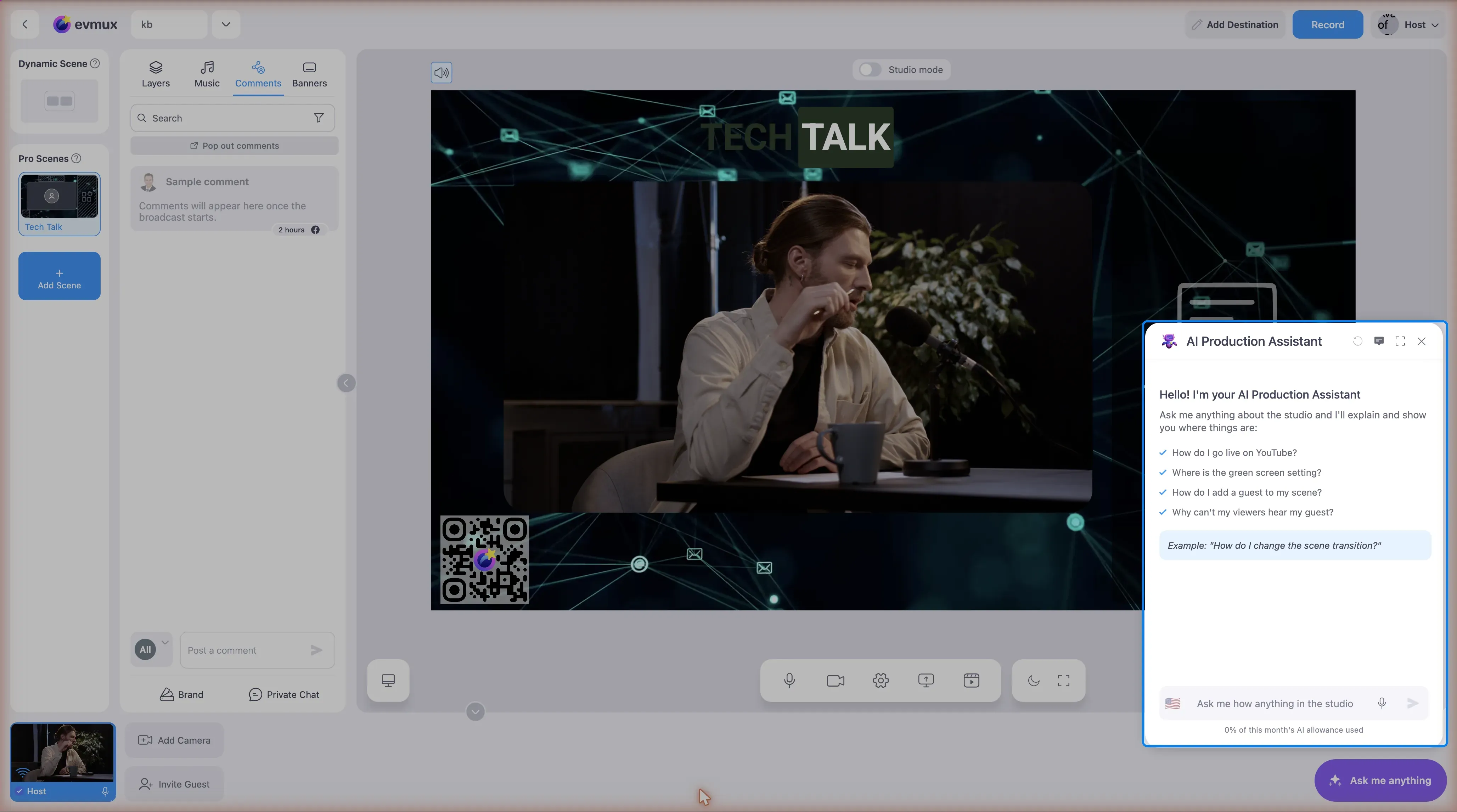 The AI Production Assistant panel highlighted at the bottom right of the studio, with example questions, a message box with a microphone icon, and the monthly allowance indicator