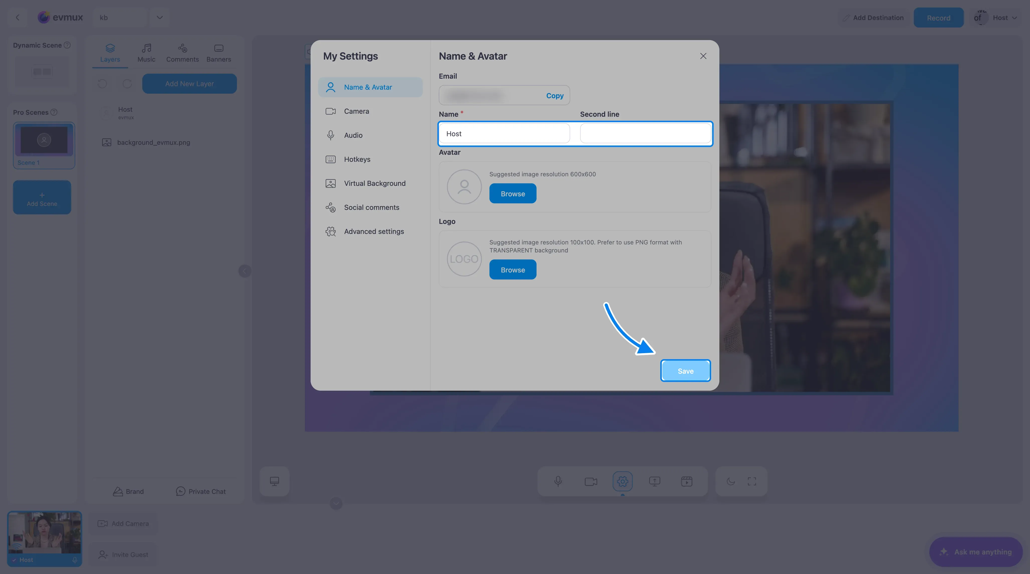 A página de configurações Name & Profile com os campos Name e Second line e o botão Save destacados