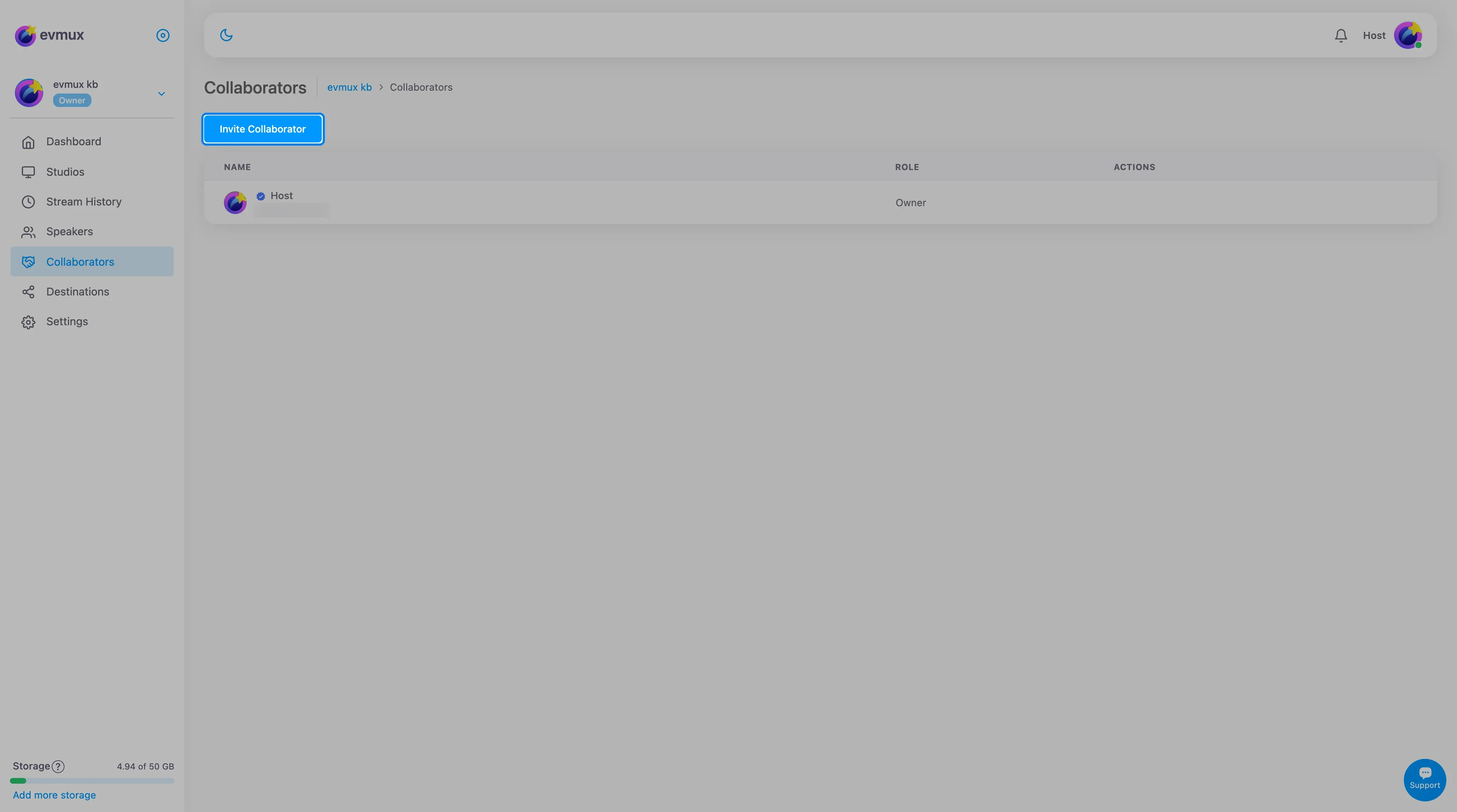 A página Collaborators do Dashboard com o botão Invite Collaborator em destaque e o dono na lista