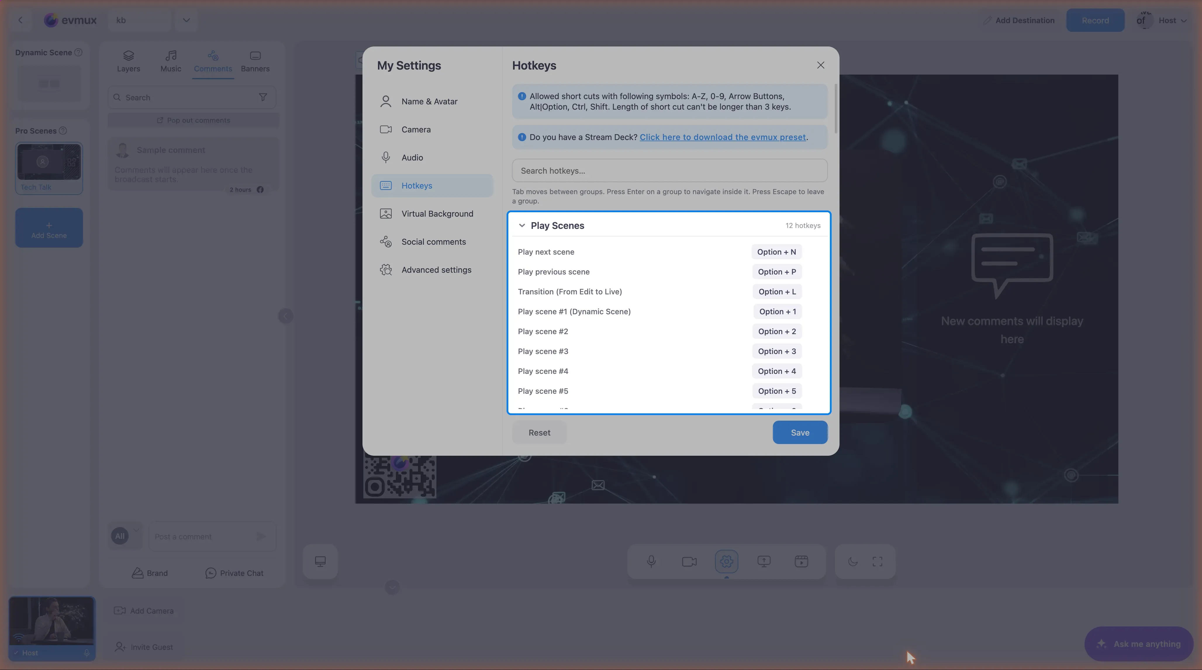 The Hotkeys settings panel highlighted: the rules note, a Stream Deck download link, a search box, and the Play Scenes group with its shortcuts, plus Reset and Save buttons