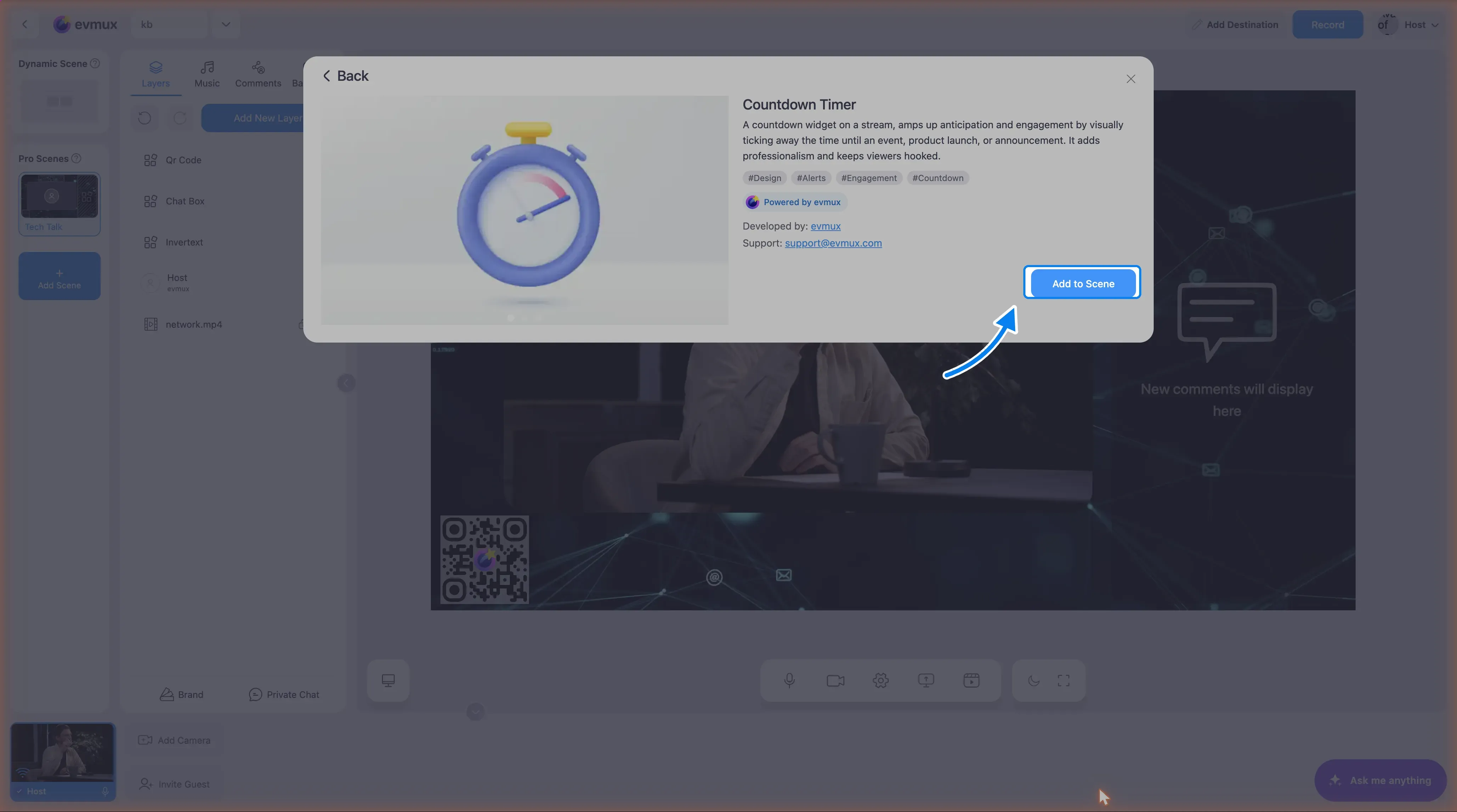 The Countdown Timer app page with its description and the Add to Scene button highlighted