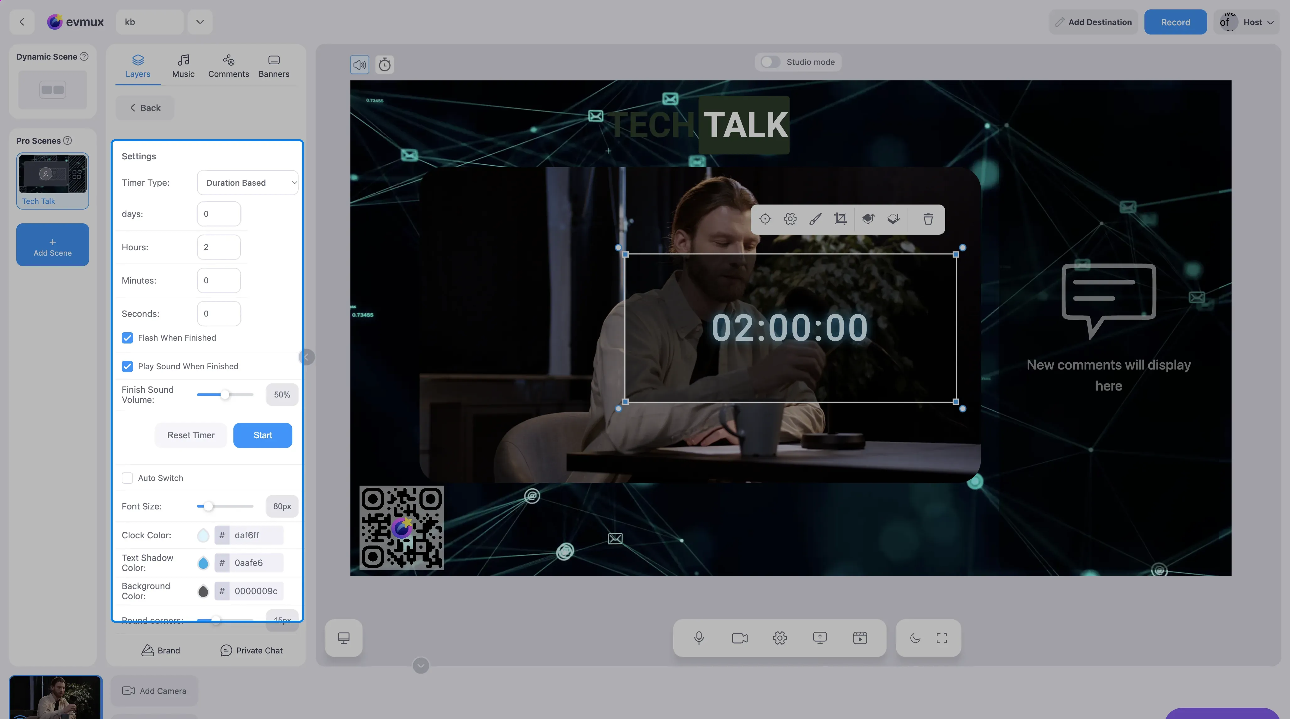 The Countdown Timer settings panel highlighted: Timer Type, days, hours, minutes and seconds, Flash When Finished, Play Sound When Finished, Reset Timer and Start, Auto Switch, and font and color options