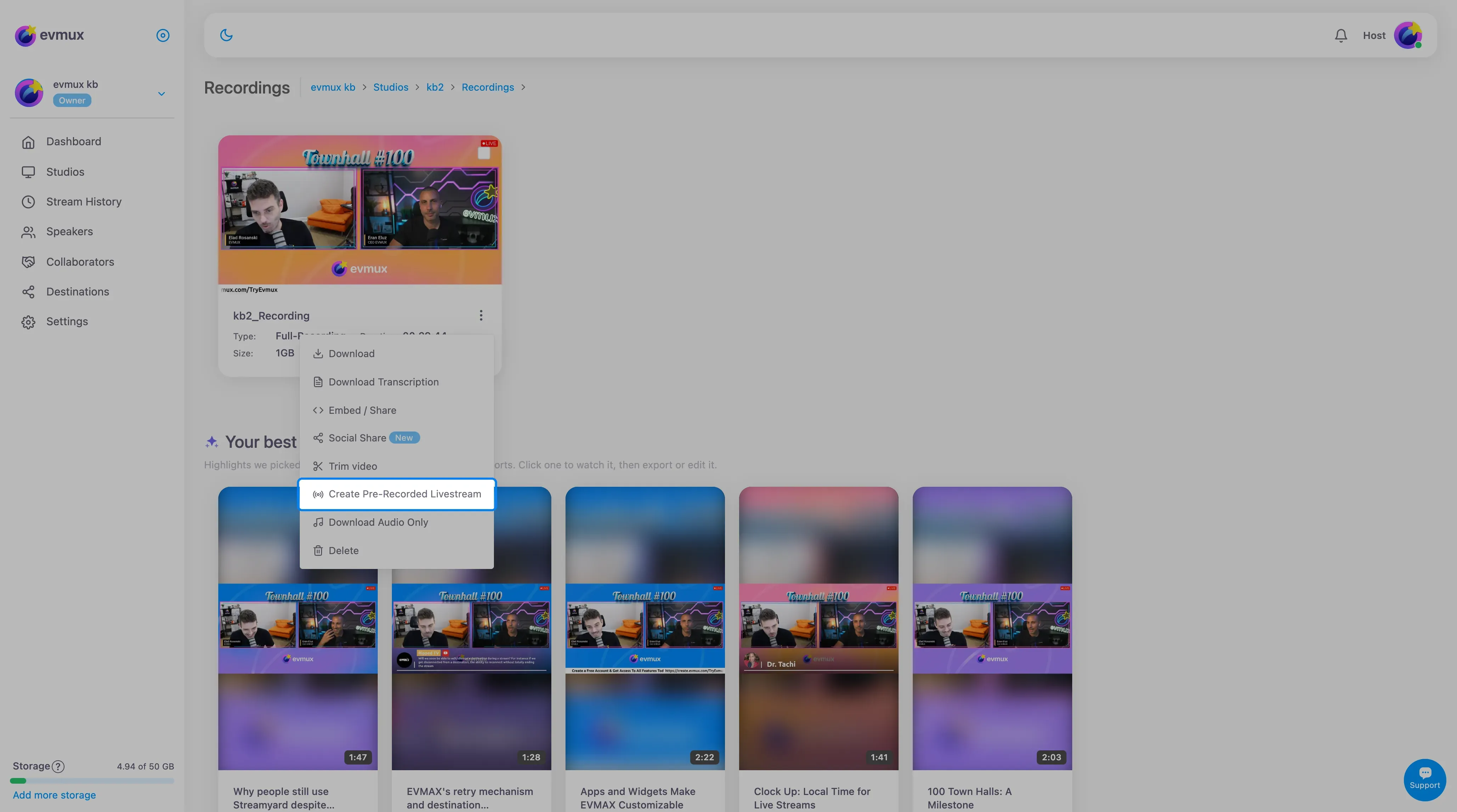 O menu de três pontos da gravação aberto com Create Pre-Recorded Livestream destacado