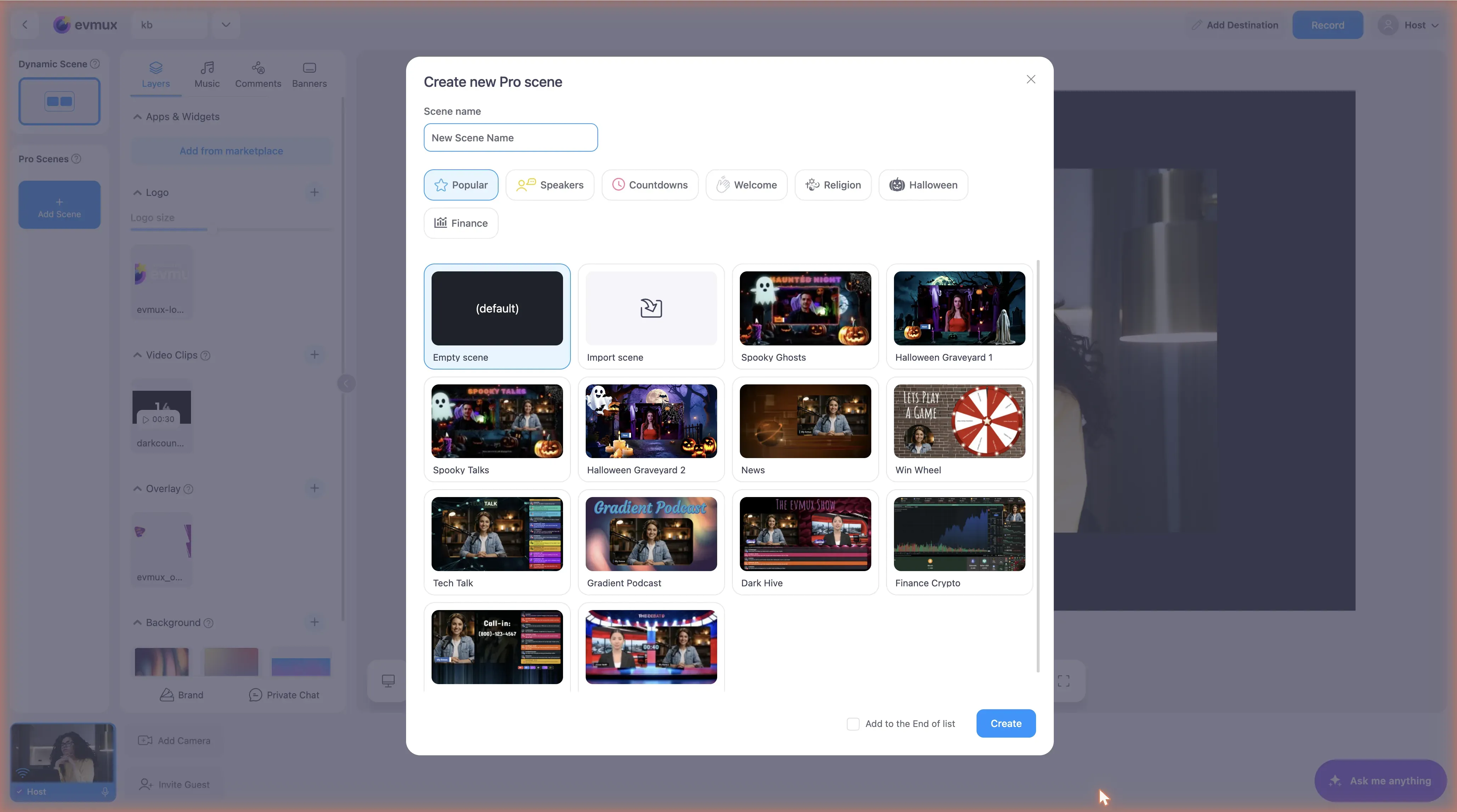 The Create new Pro scene dialog: a scene name field, category tabs, and a grid of templates starting with Empty scene and Import scene