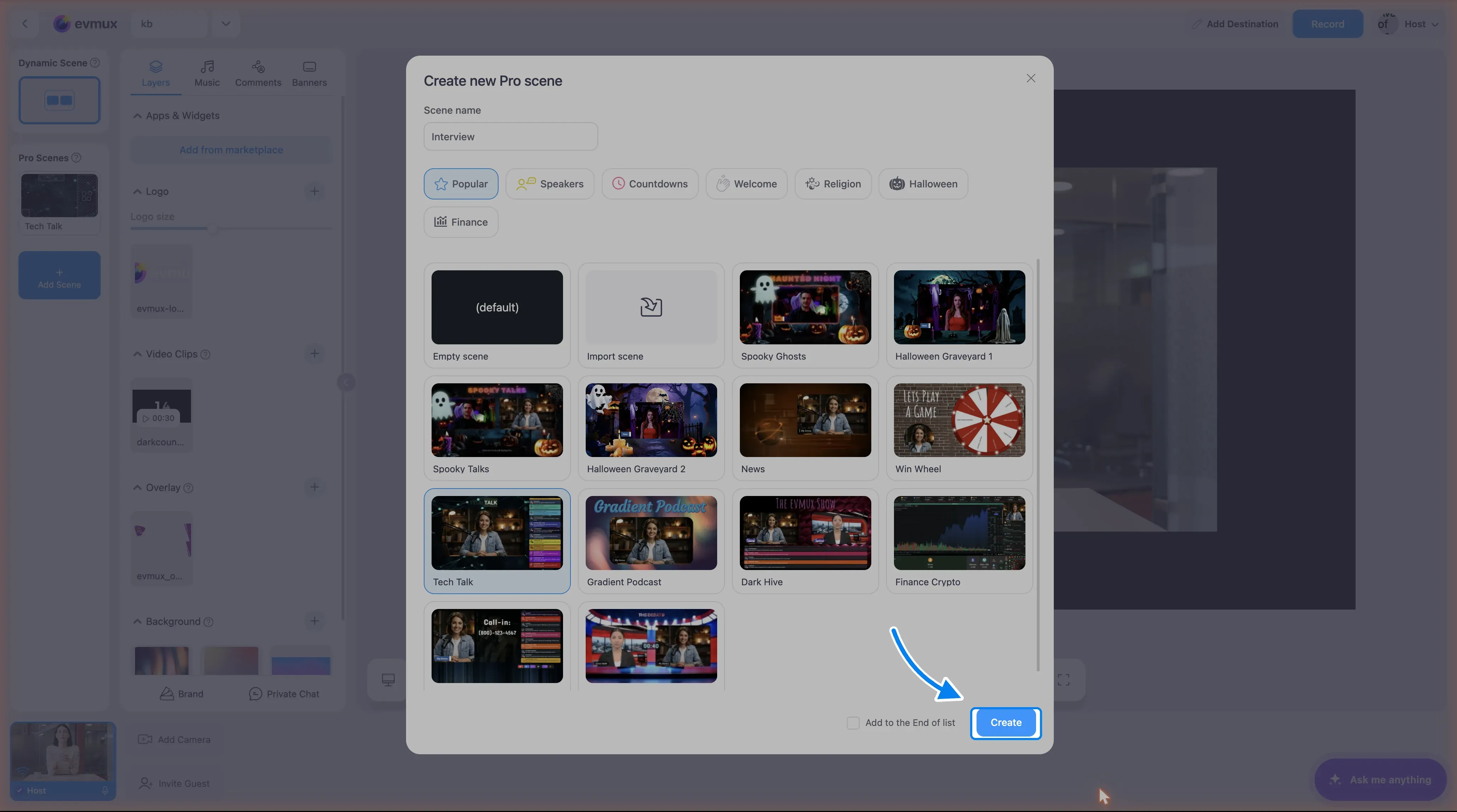 The dialog with a scene name typed and the Tech Talk template selected, and the Create button highlighted