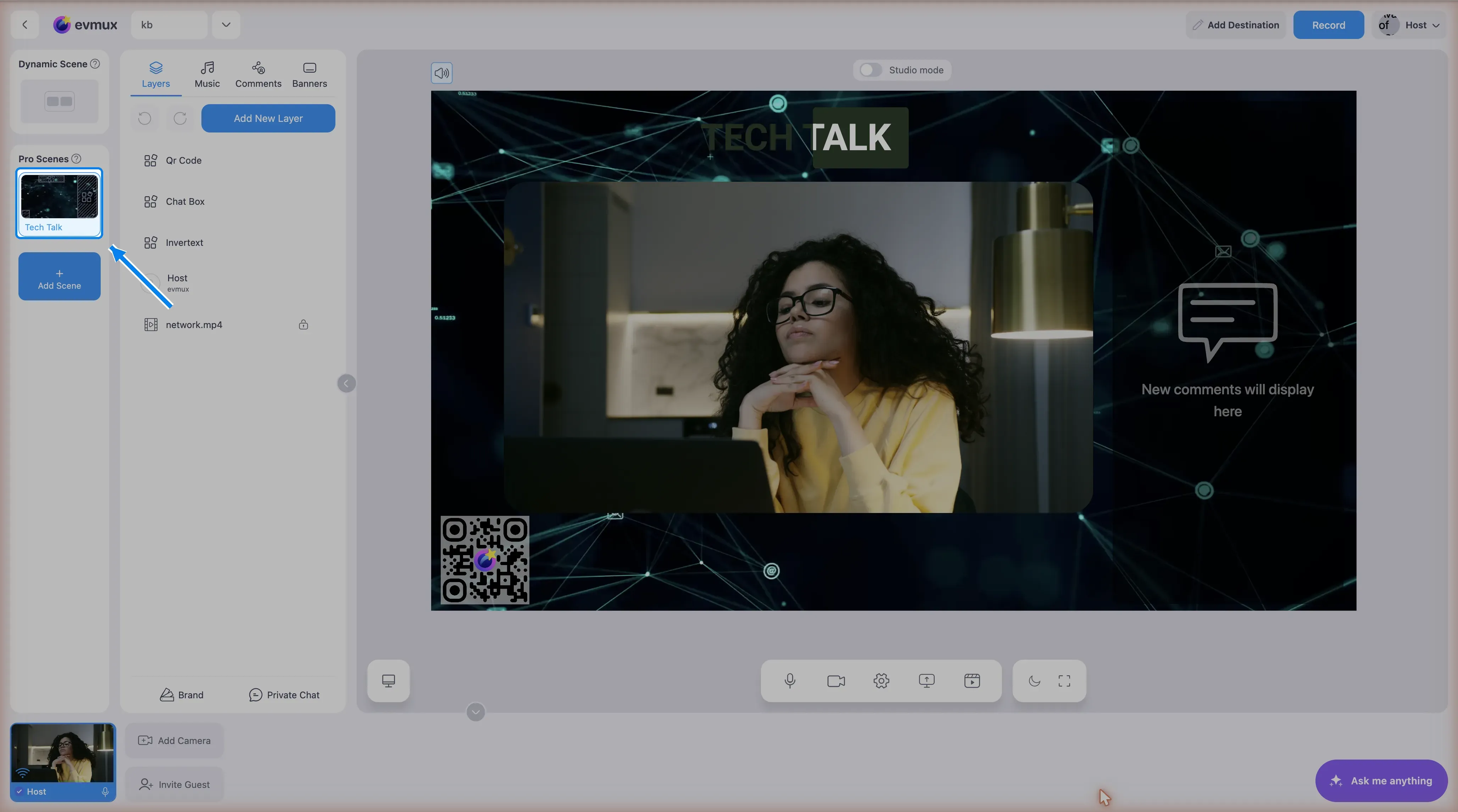The new Tech Talk scene open in the editor, its tile highlighted in the Pro Scenes list, with its layers listed in the Layers panel