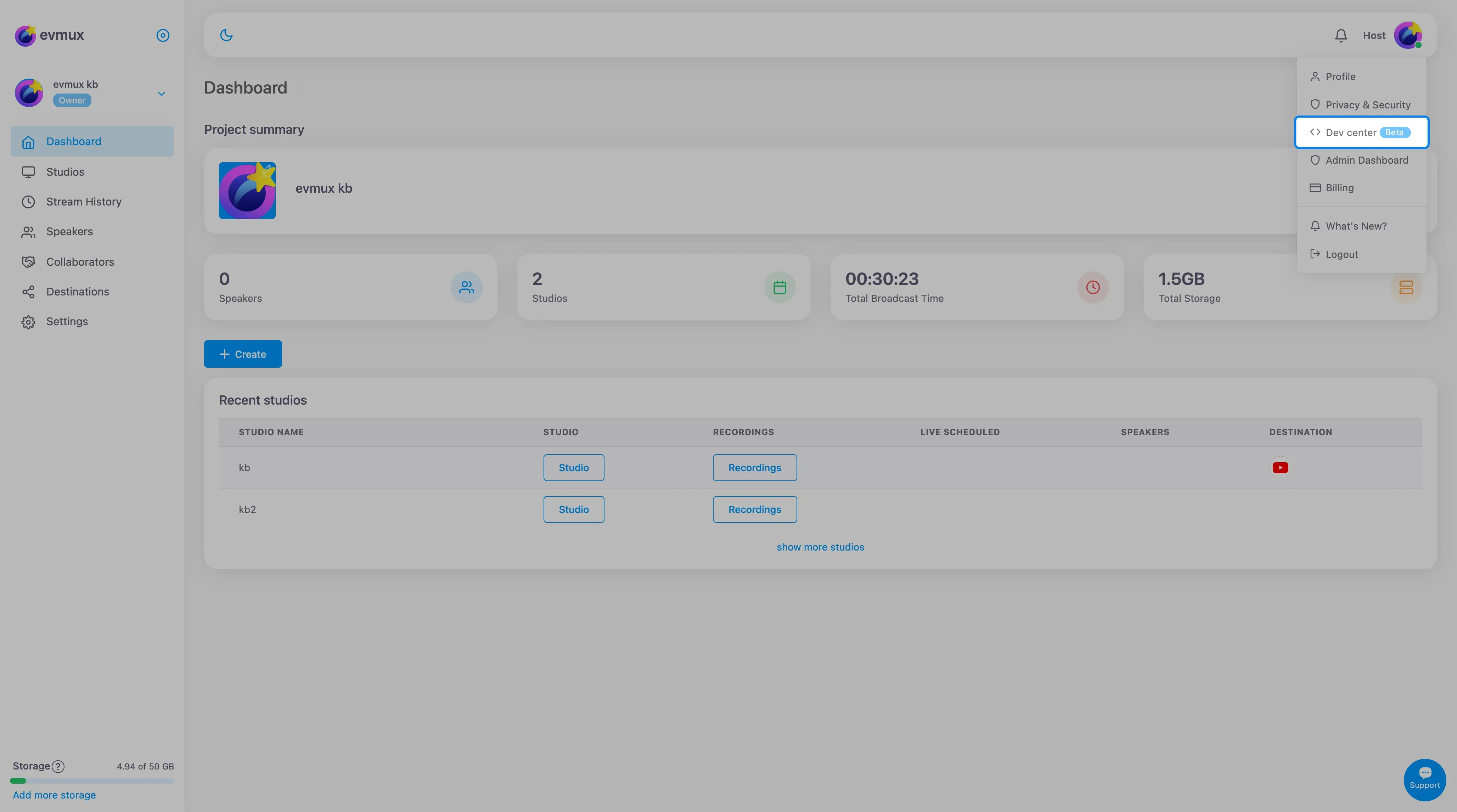 O menu de perfil do dashboard com a opção Dev center destacada