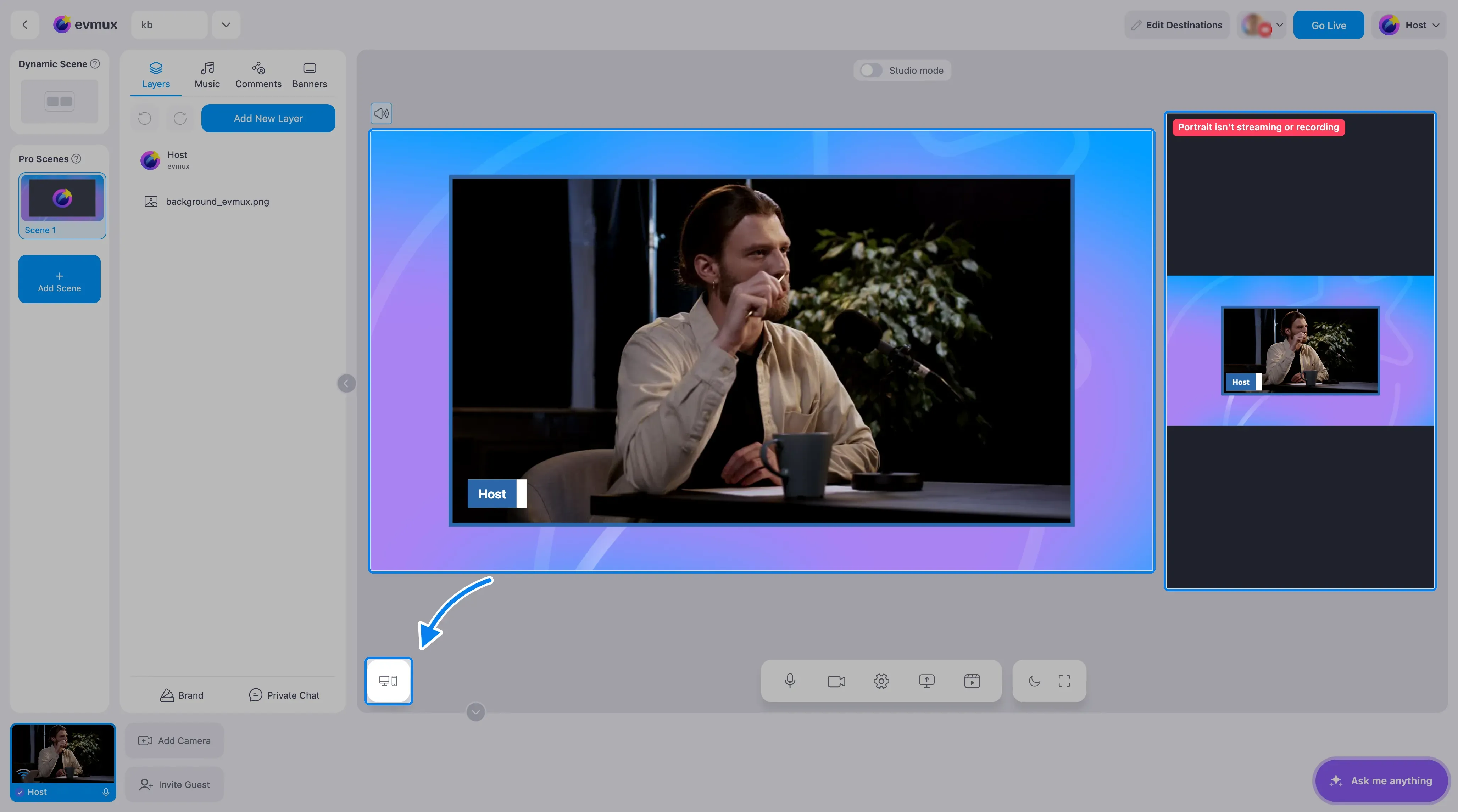 O estúdio no Dual Streaming Mode mostrando os quadros em paisagem e em retrato lado a lado