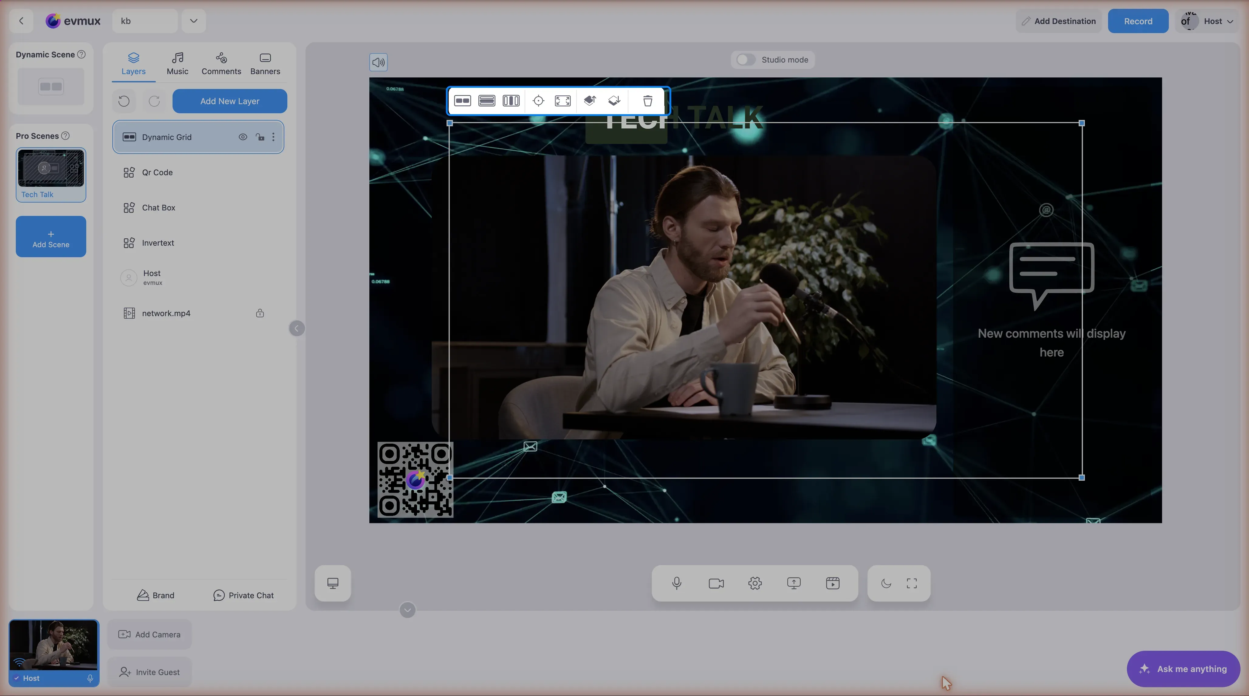 A Dynamic Grid layer just added to a Pro Scene, selected, with its toolbar highlighted above it