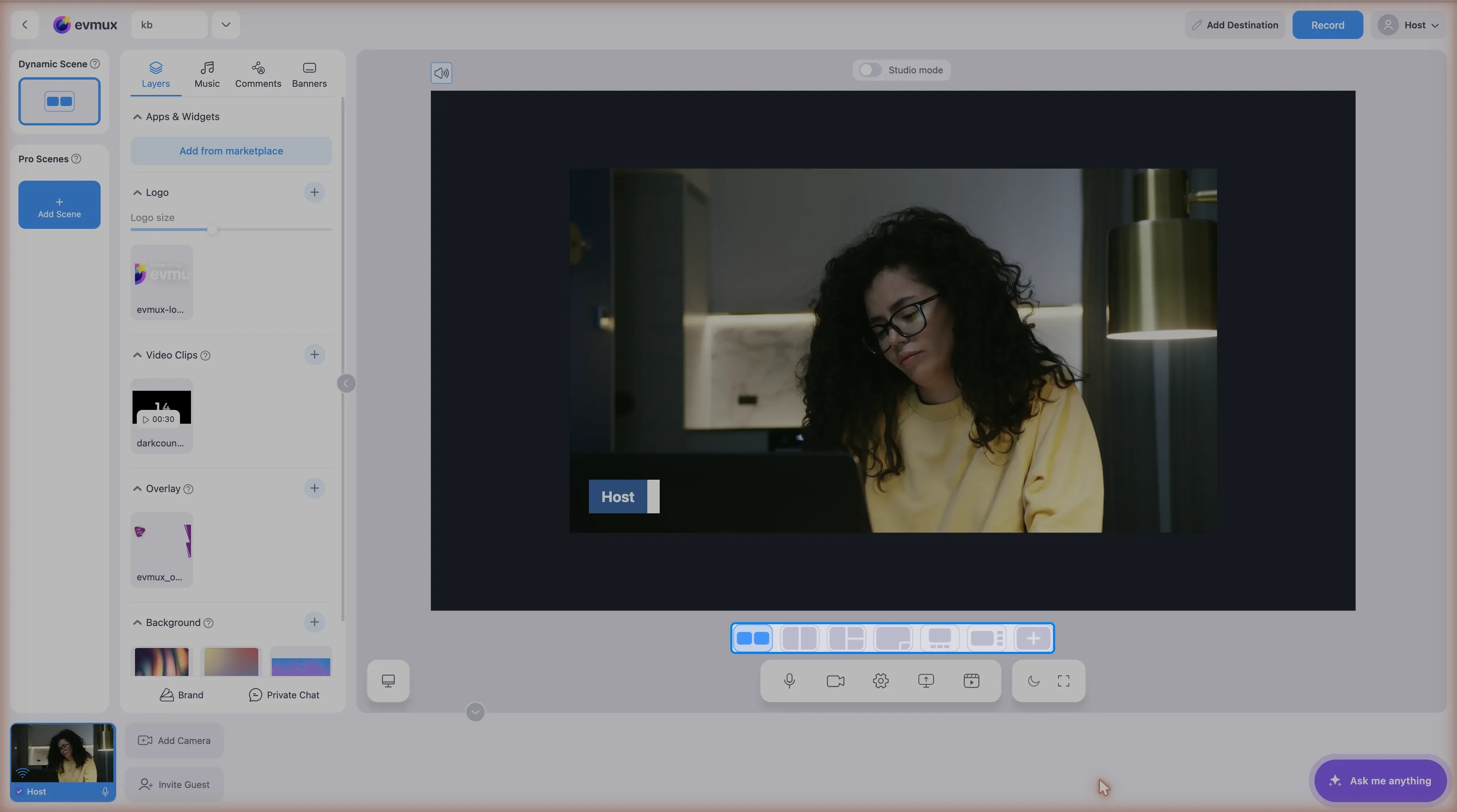 The layout bar under the scene preview, highlighted: six layout icons and a plus button for a custom Pro Scene