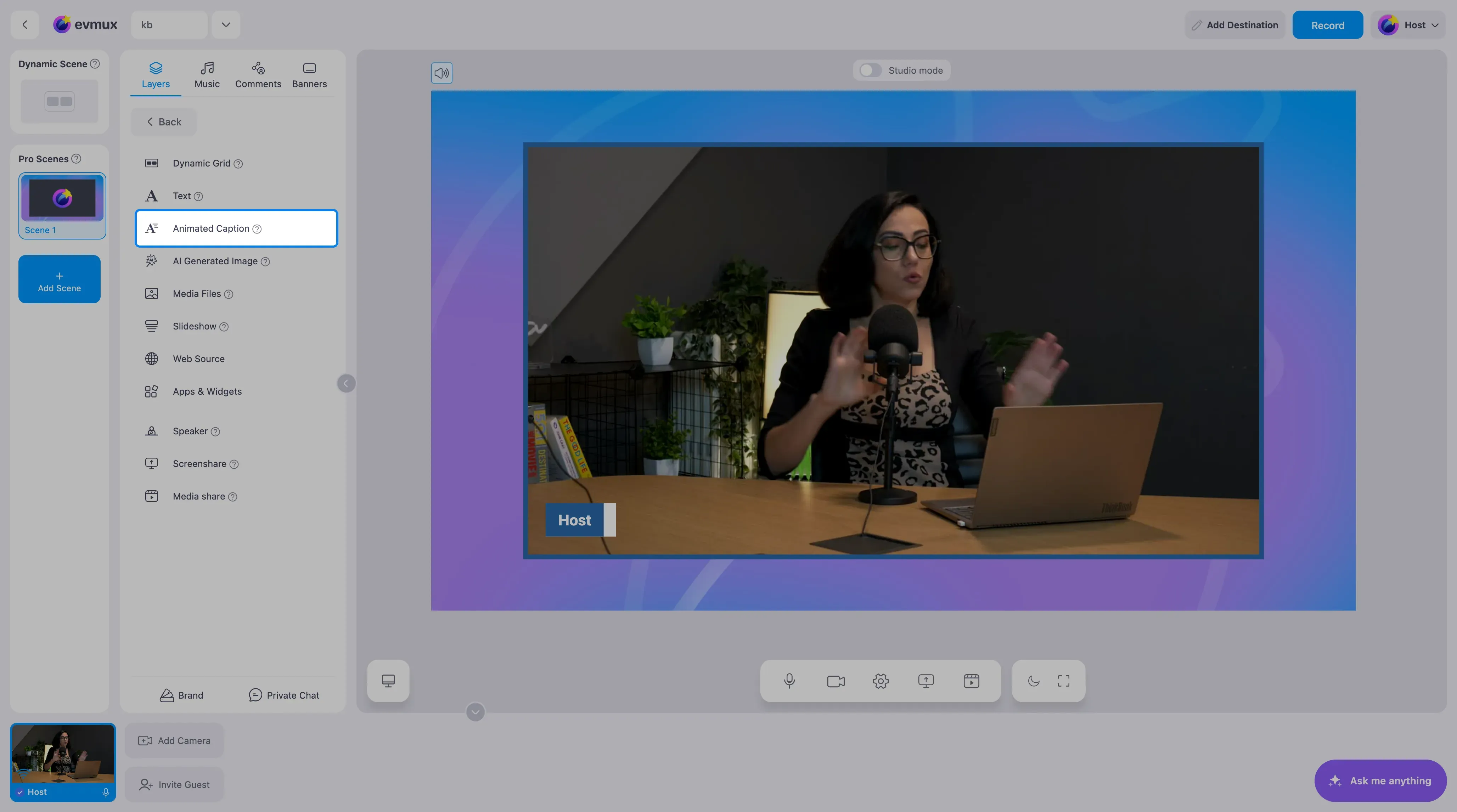 O menu Add New Layer com Animated Caption em destaque