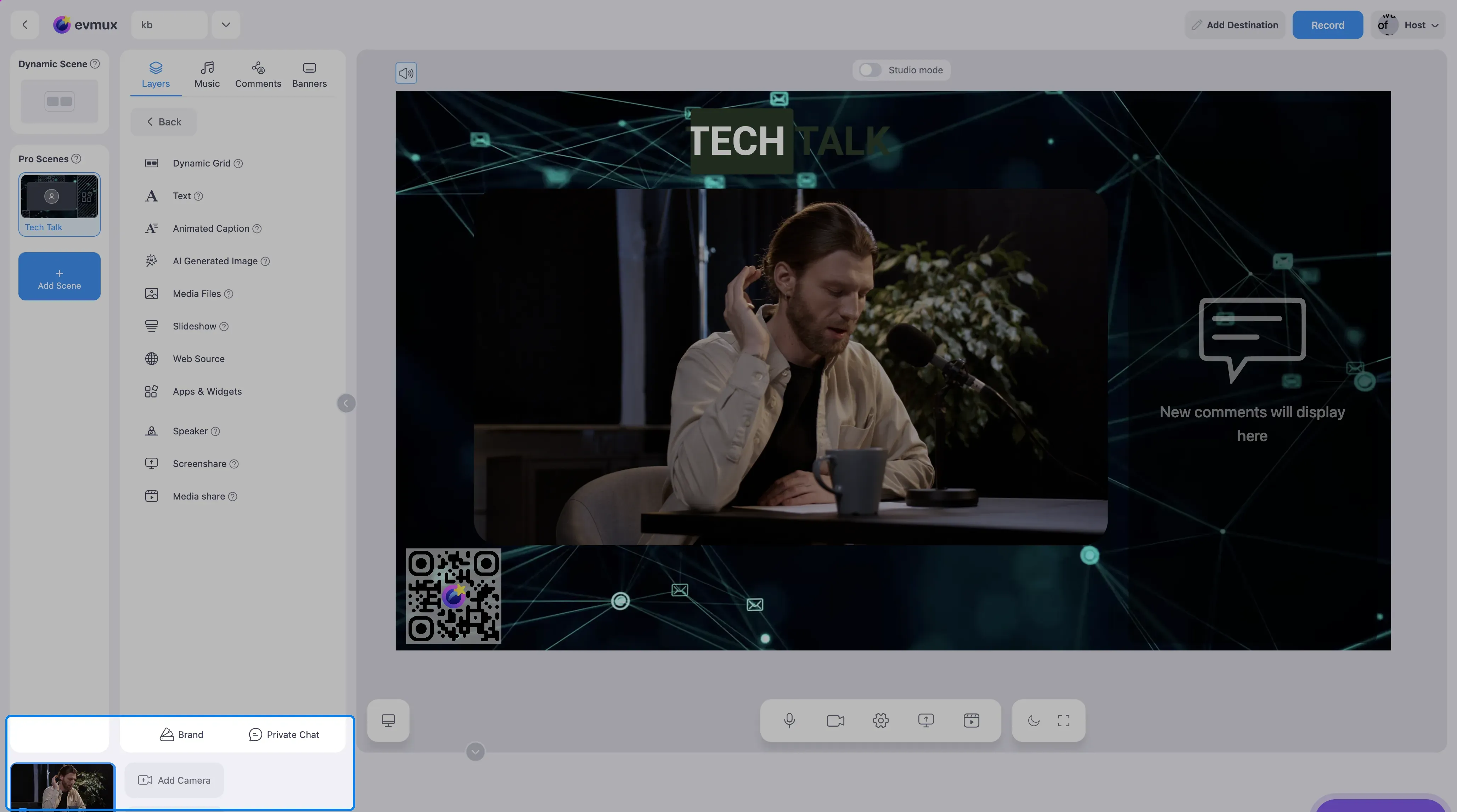 The evmux studio with the participants bar highlighted at the bottom left: the host tile with its sound dot, and the Add Camera and Invite Guest buttons