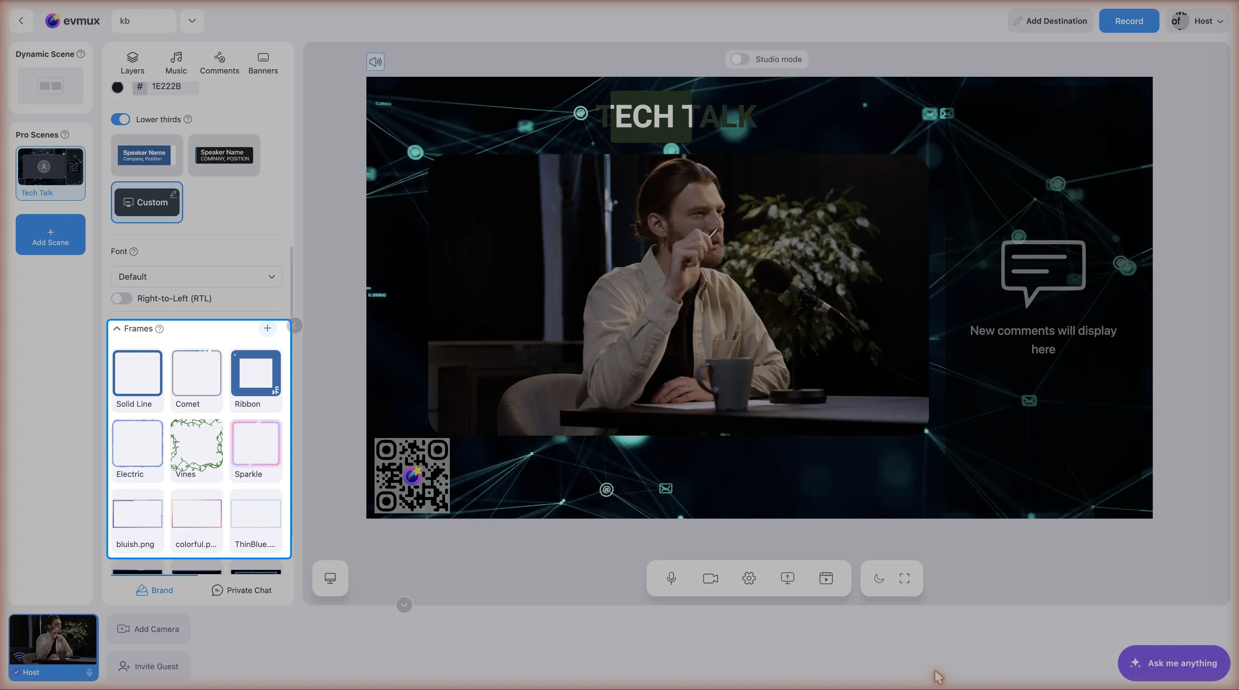 The Brand tab scrolled to the Frames section, highlighted: Solid Line, Comet, Ribbon, Electric, Vines and Sparkle, followed by uploaded image frames