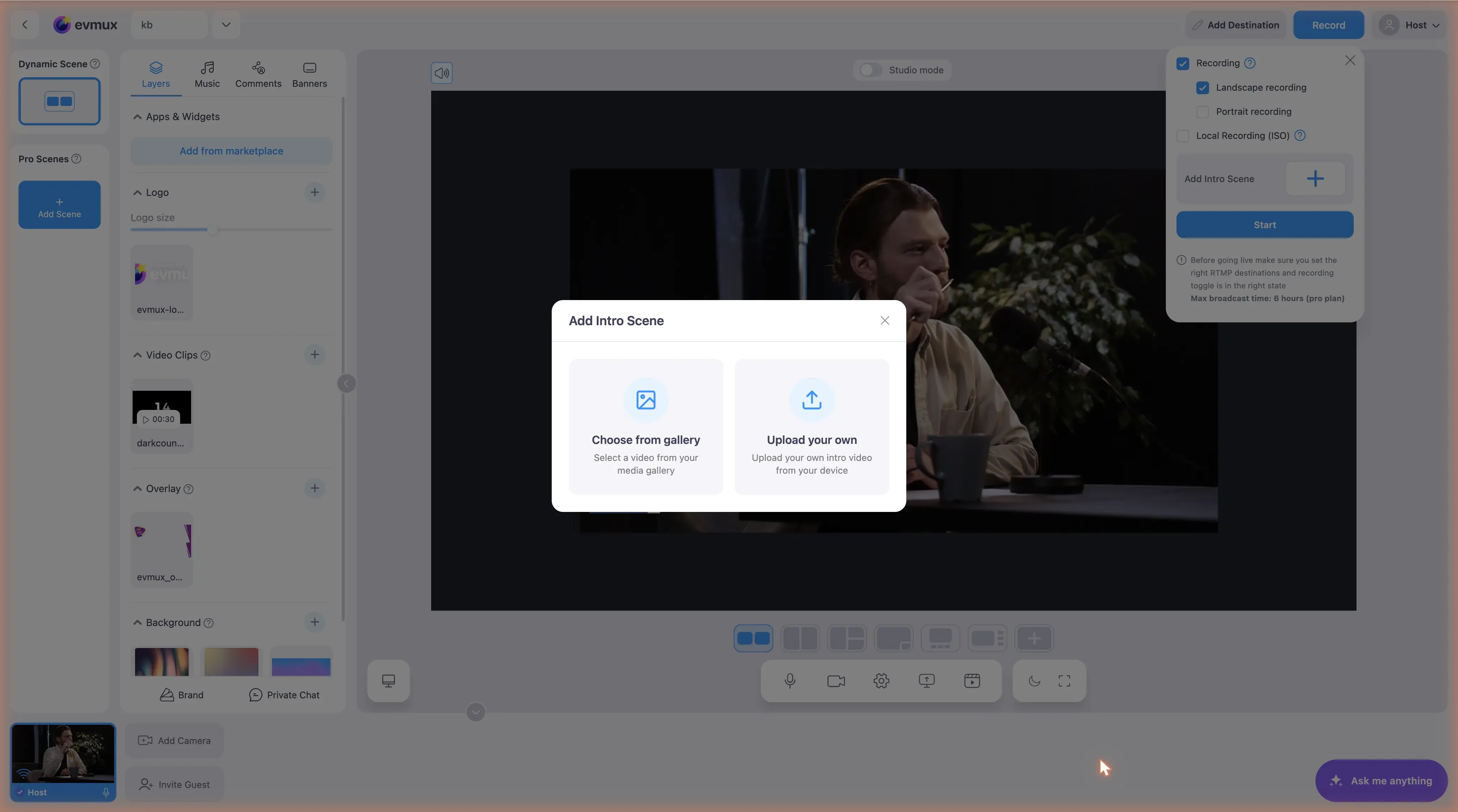 The Add Intro Scene dialog in the middle of the studio, shown when there are no Pro scenes yet: choose a video from the gallery or upload your own