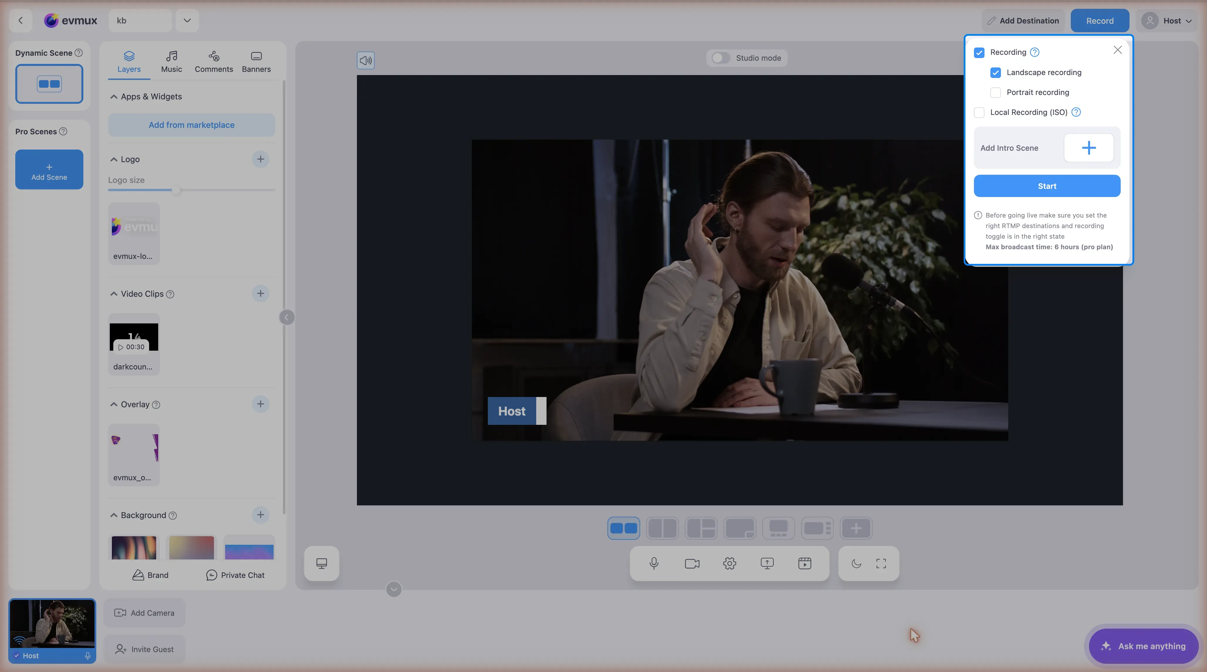 The Go Live panel open under the header button, highlighted: Recording with landscape and portrait options, Local Recording (ISO), the starting-scene tile and the Start button