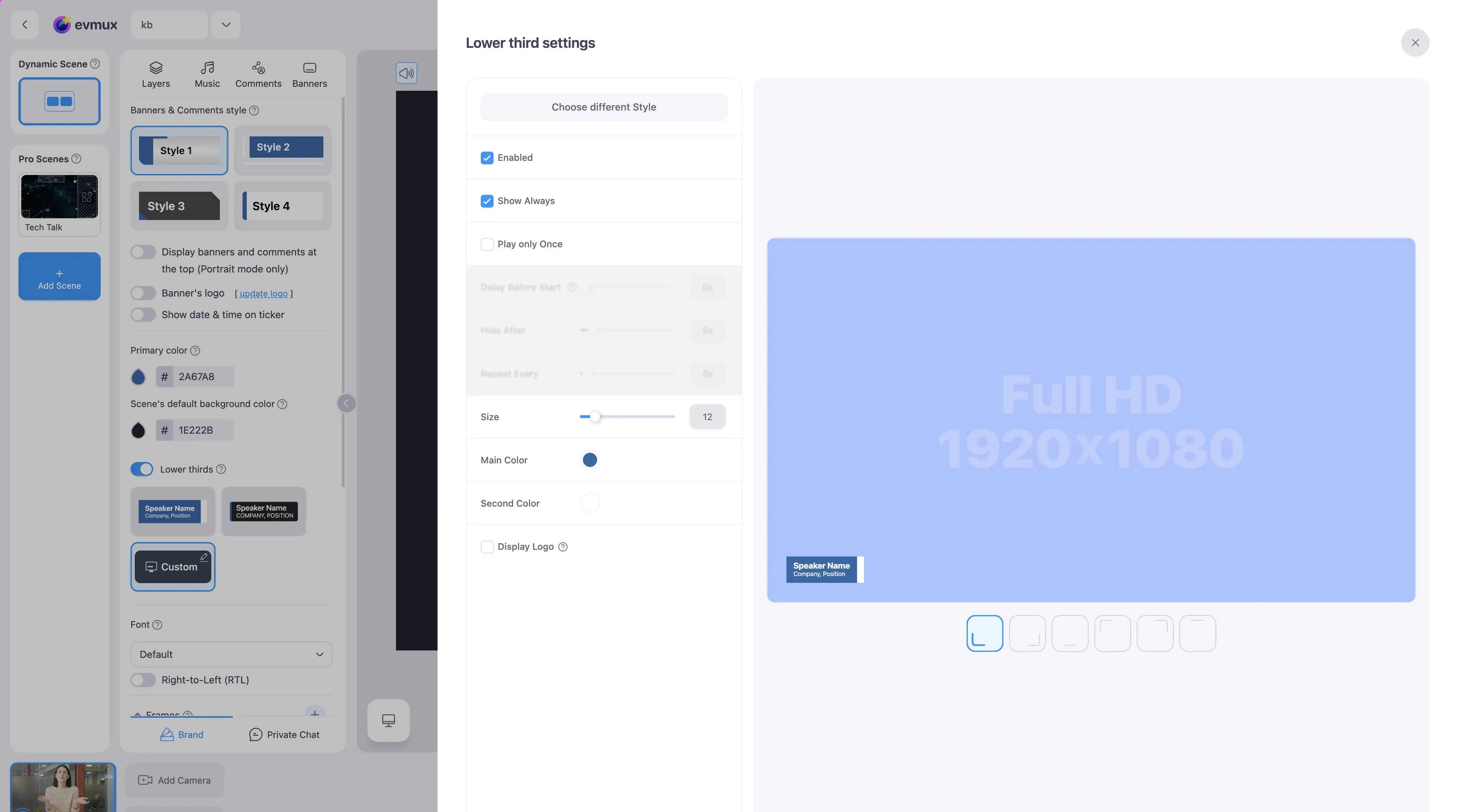 The Lower third settings popup: Enabled, Show Always and Play only Once switches, timing fields, Size slider, Main and Second color, Display Logo, and a preview with six position choices