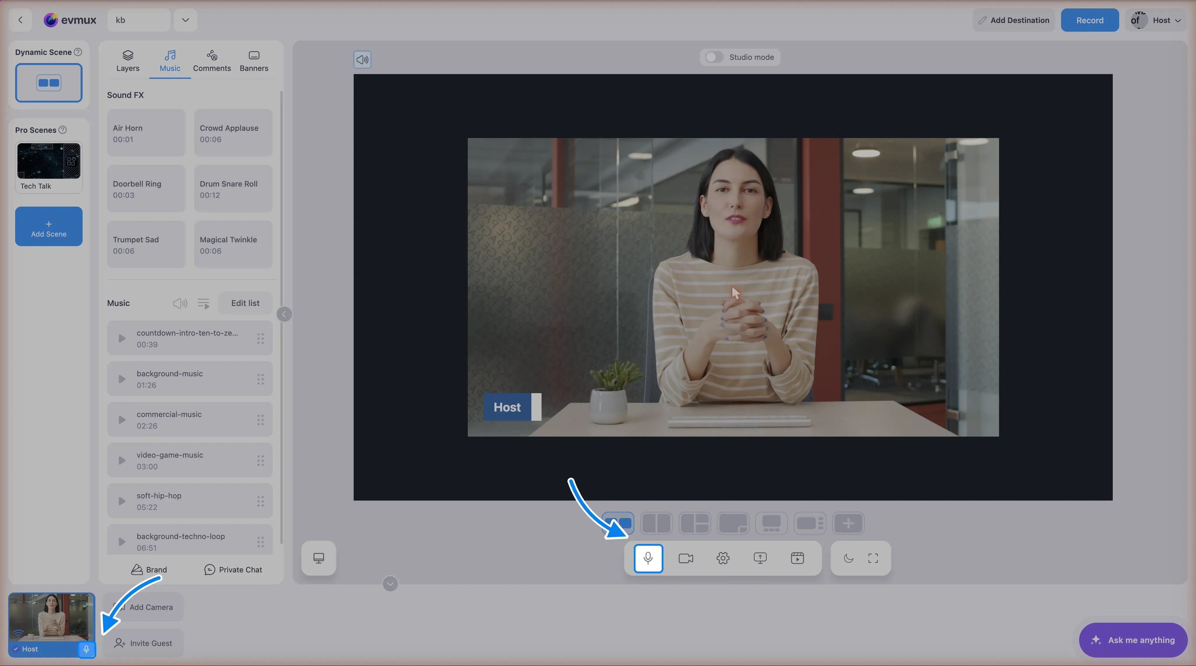 The studio with two controls pointed out: the sound dot on the participant's tile at the bottom left, and the microphone button in the toolbar for muting yourself