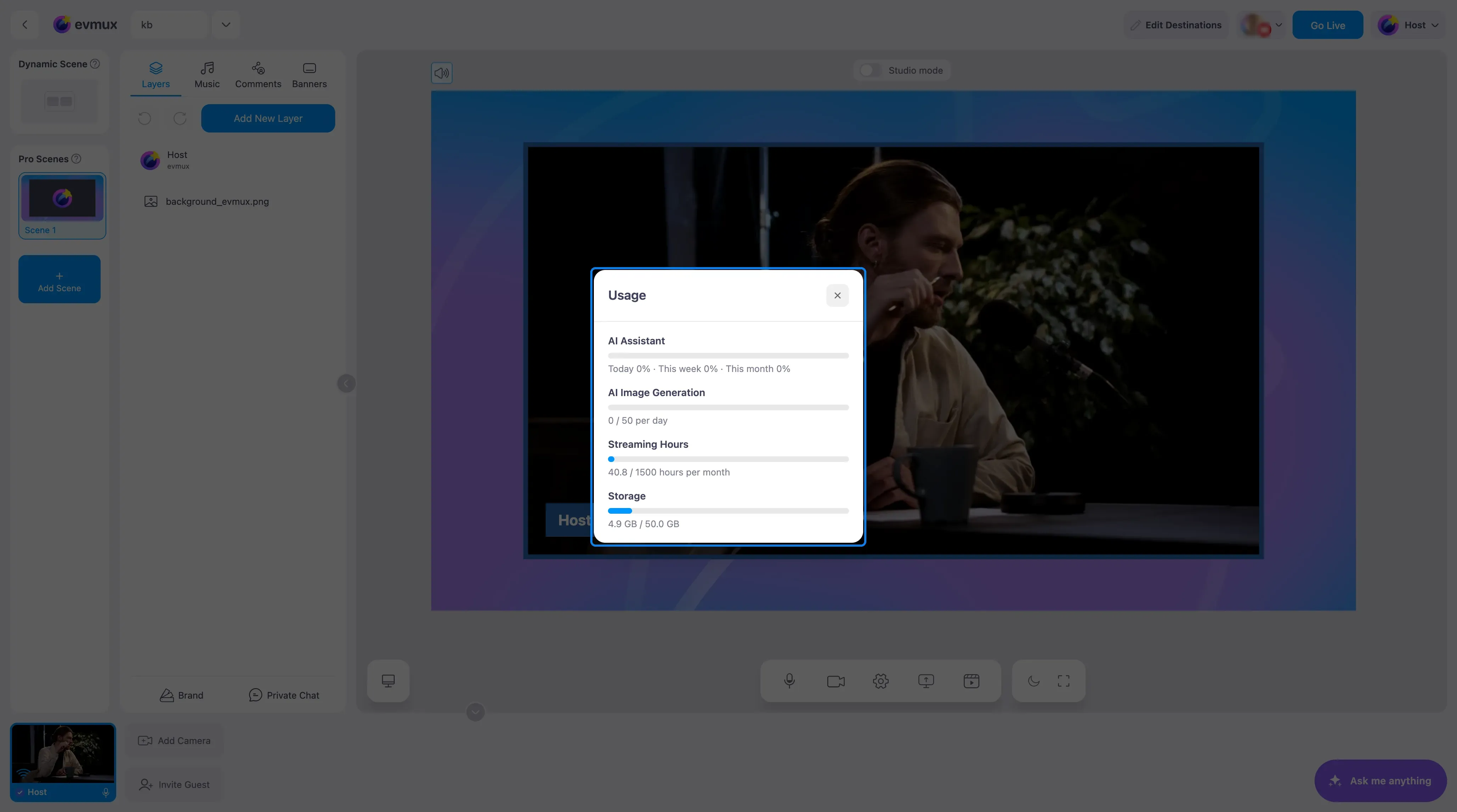A janela Usage, aberta pelo menu de perfil no cabeçalho do estúdio, em destaque: AI Assistant, AI Image Generation, Streaming Hours e Storage comparados aos limites do plano