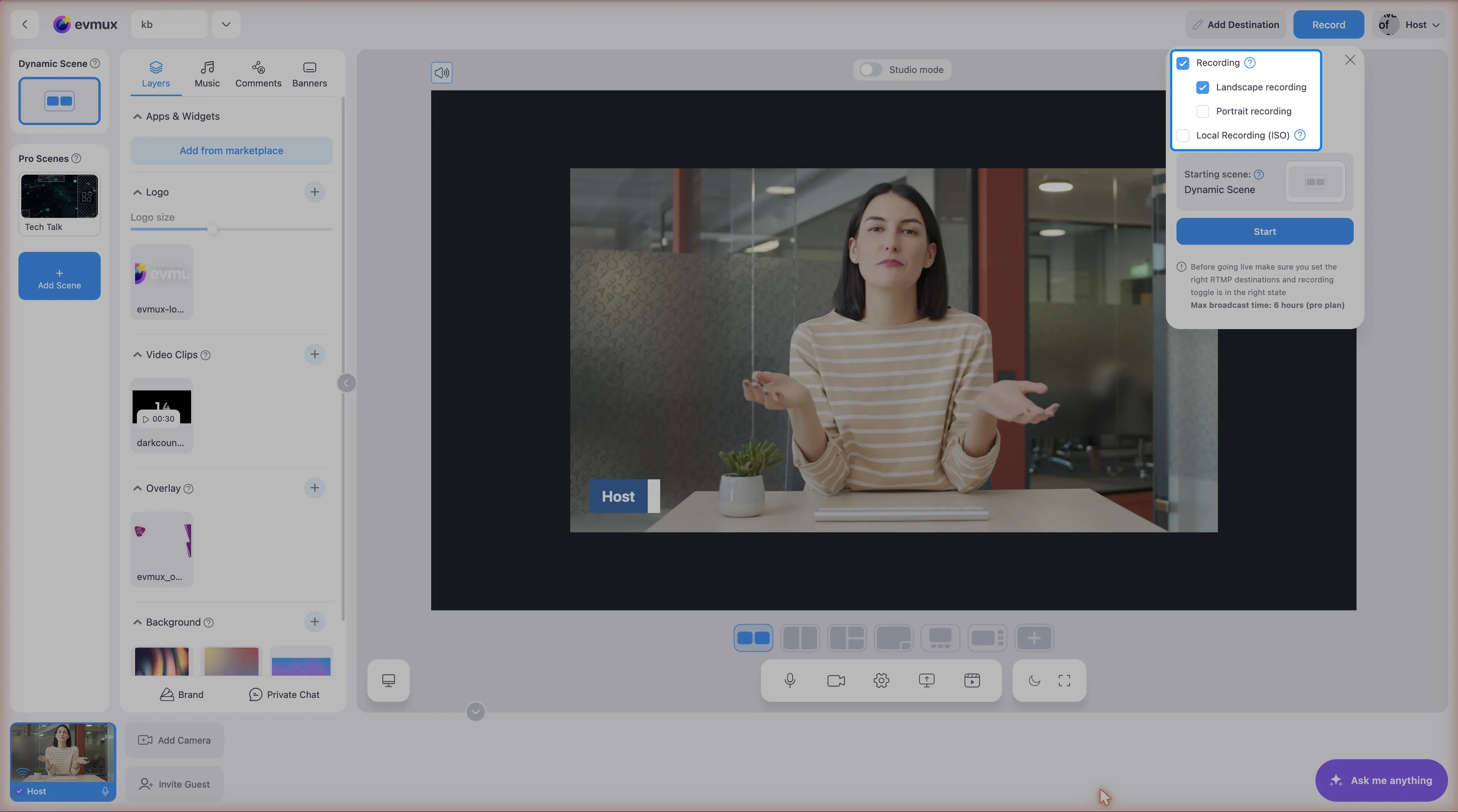 The Go Live panel with the recording options highlighted: Recording, Landscape recording, Portrait recording and Local Recording (ISO)