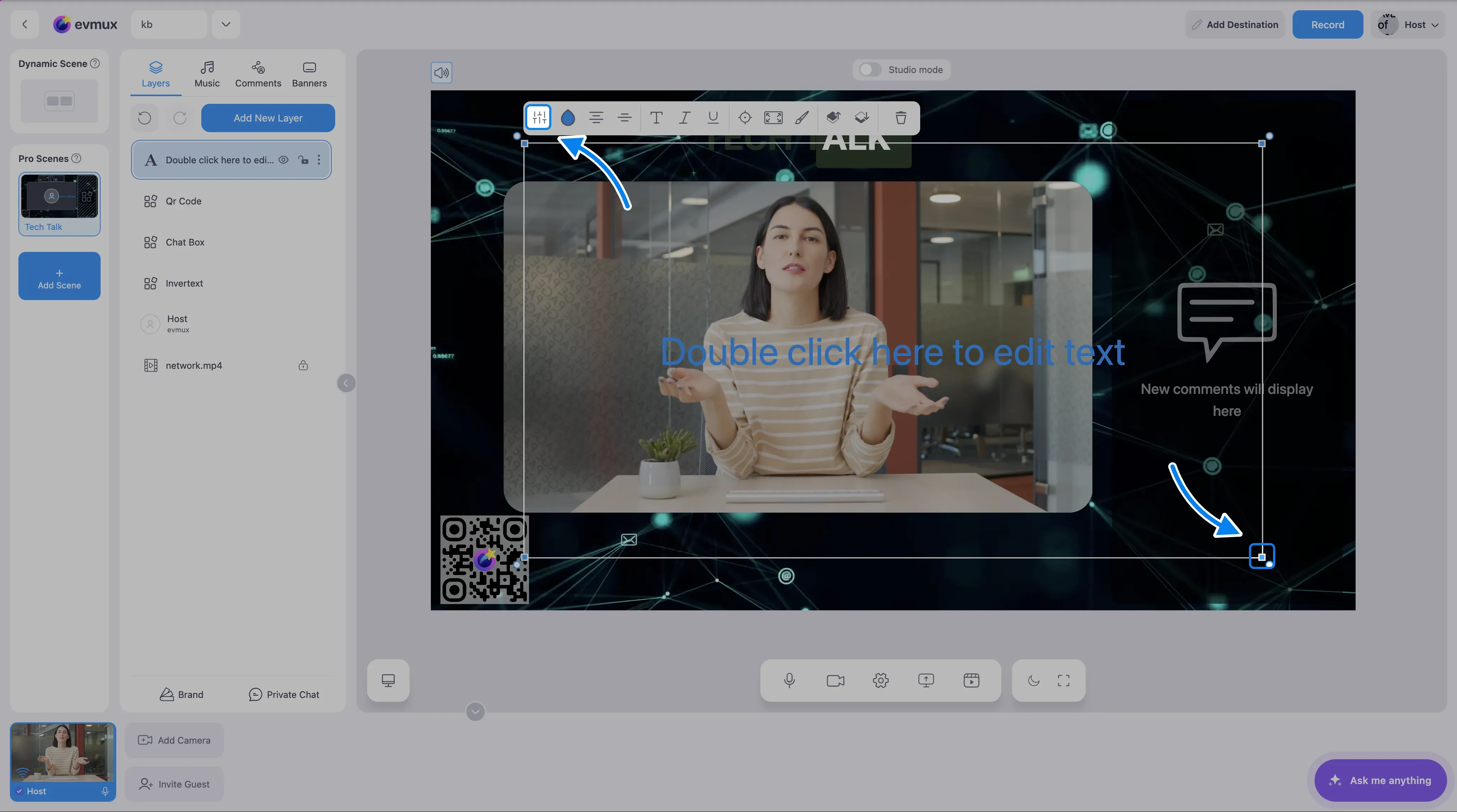 A selected layer on the scene with its selection frame and toolbar; a corner handle and the dimensions tool in the toolbar are pointed out