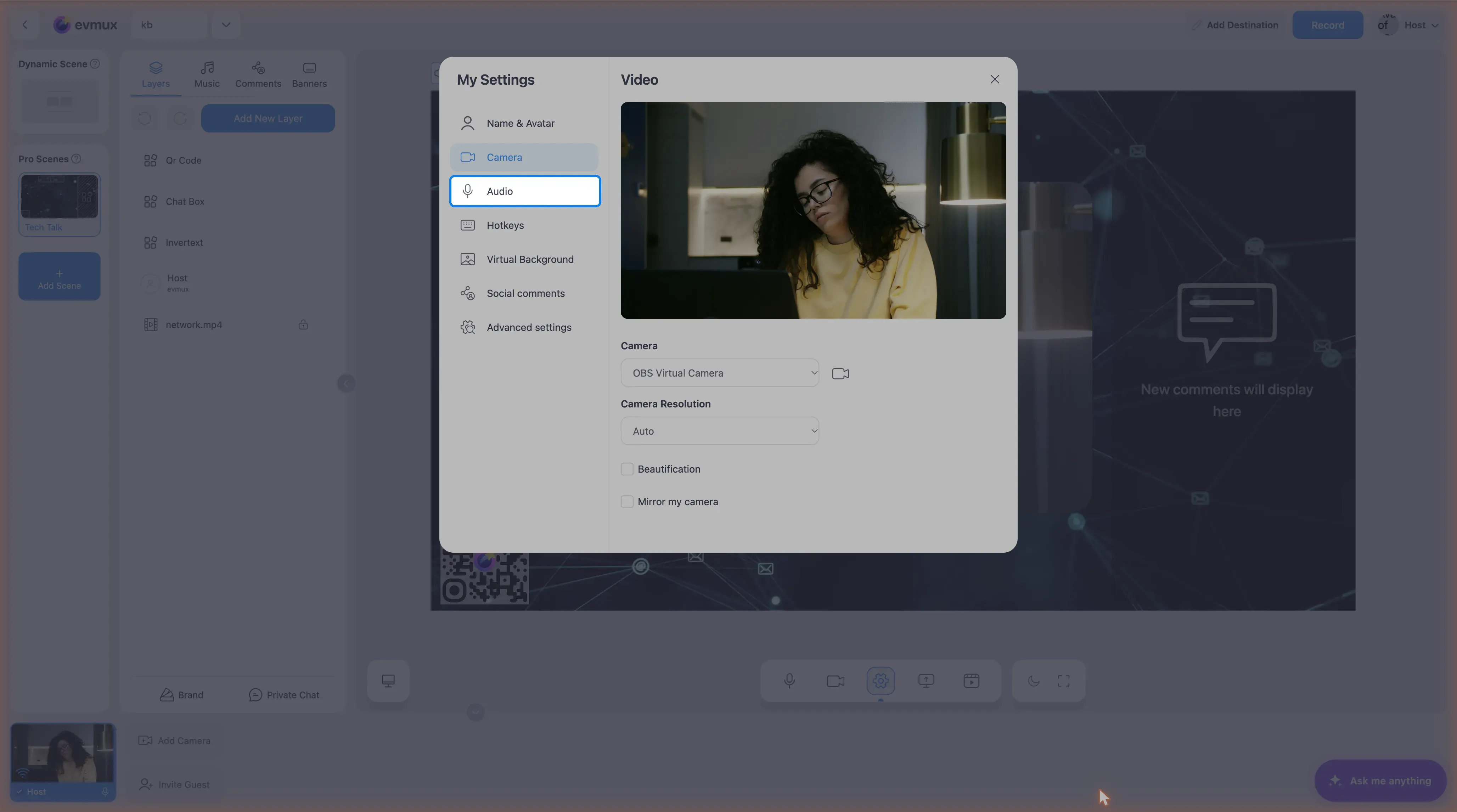 The My Settings dialog open on the Camera tab, with the Audio entry highlighted in its sidebar