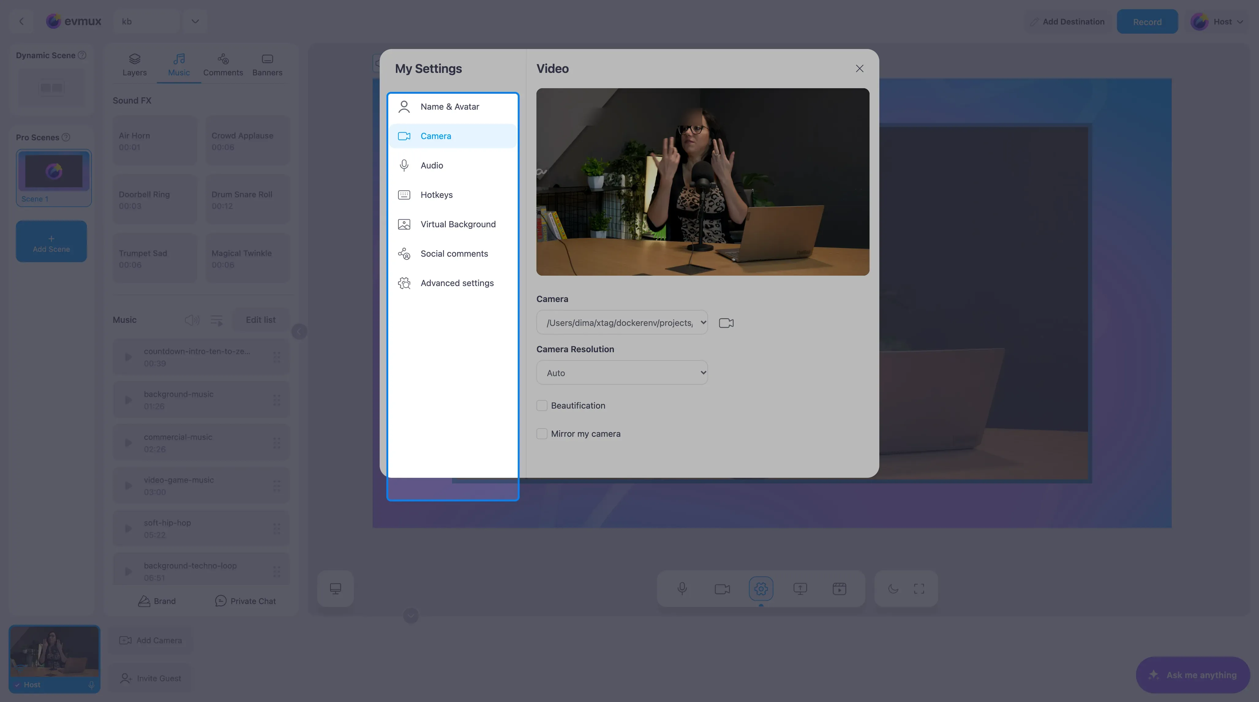 The settings popup with its sections listed on the left
