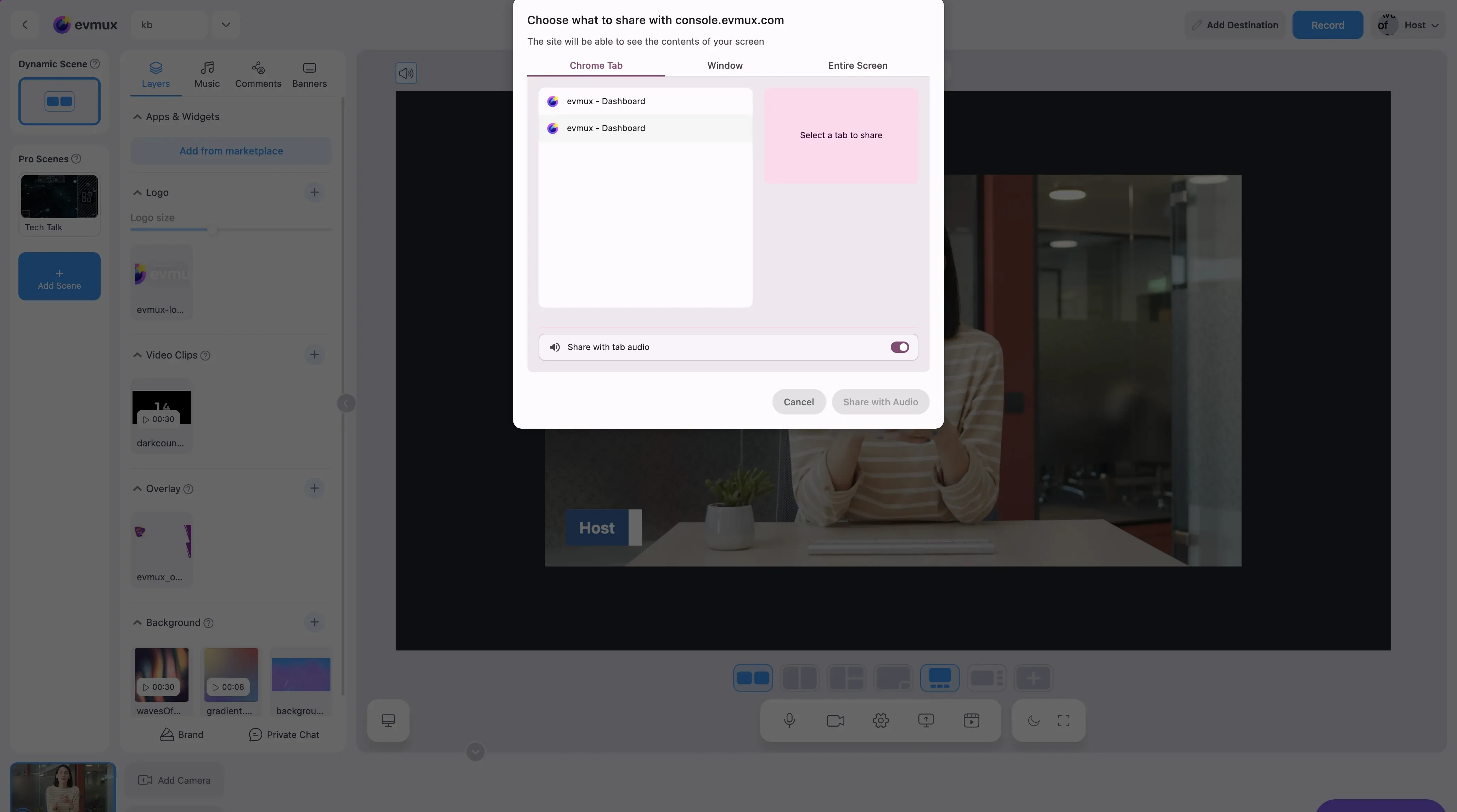 Chrome's Choose what to share dialog over the studio, with Chrome Tab, Window and Entire Screen tabs and a Share with tab audio switch