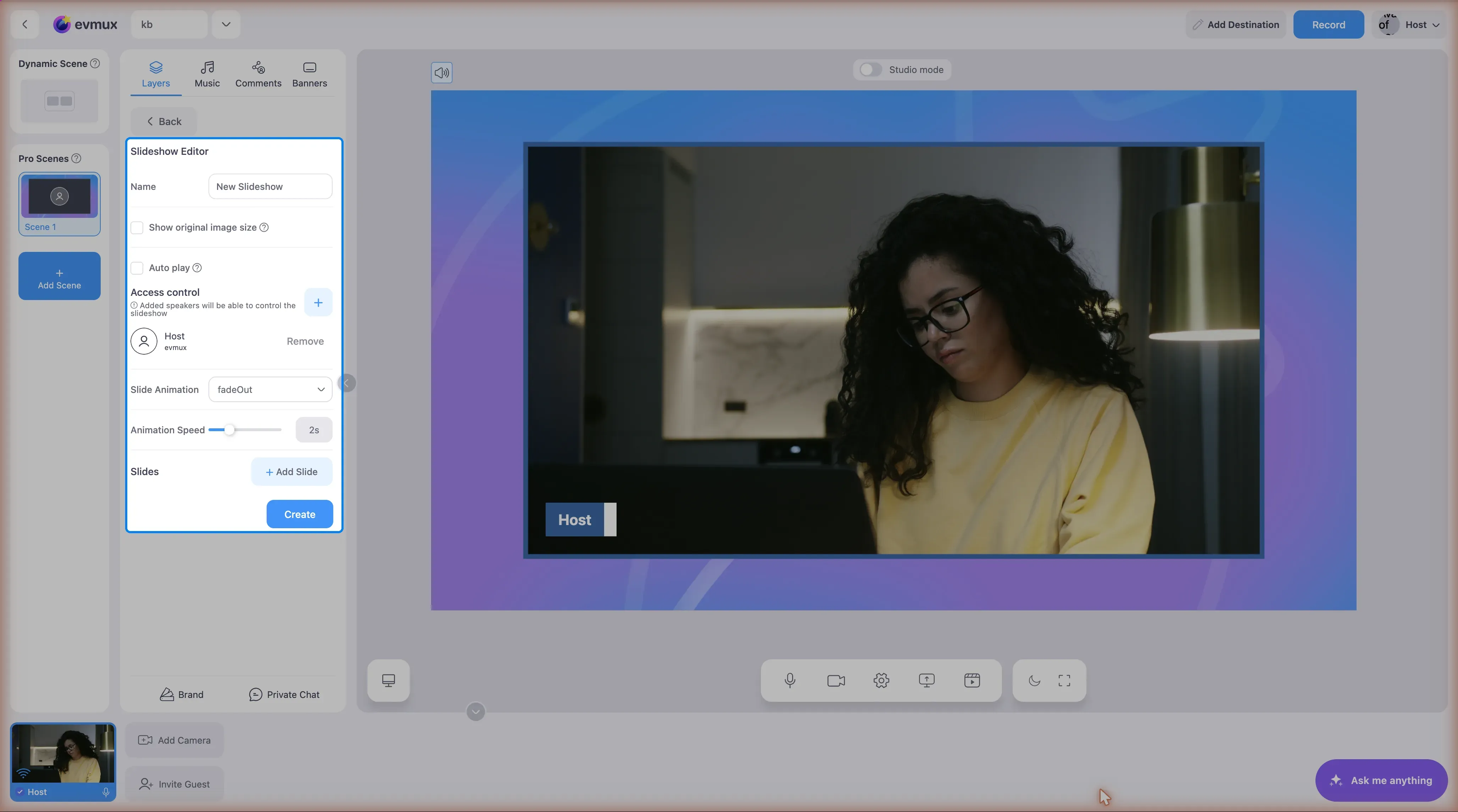 O Slideshow Editor no painel Layers, destacado: nome, reprodução automática, controle de acesso, animação e velocidade dos slides, a lista de slides com Add Slide e o botão Create