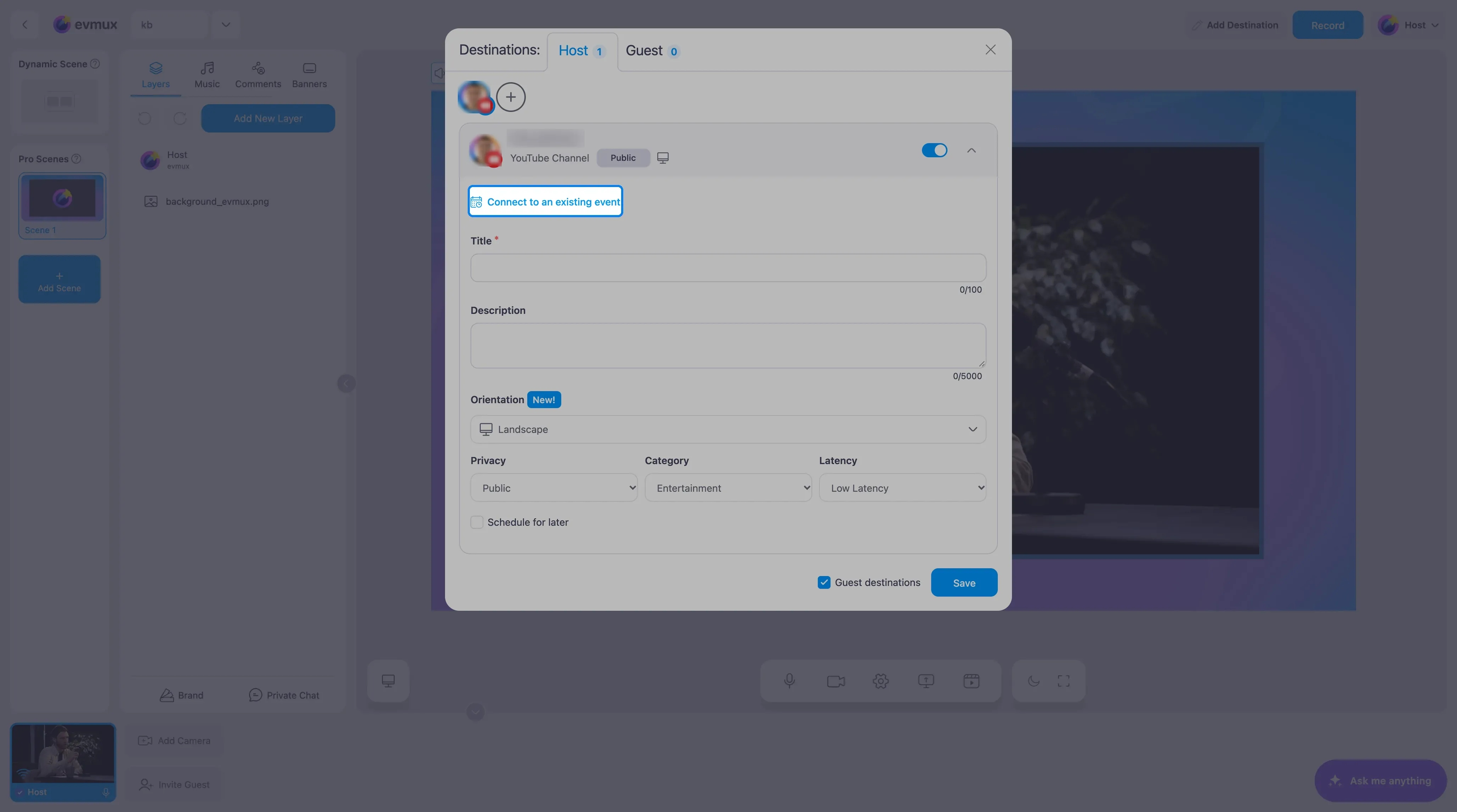 O destino YouTube expandido na janela Destinations, com o link Connect to an existing event destacado acima do campo Title