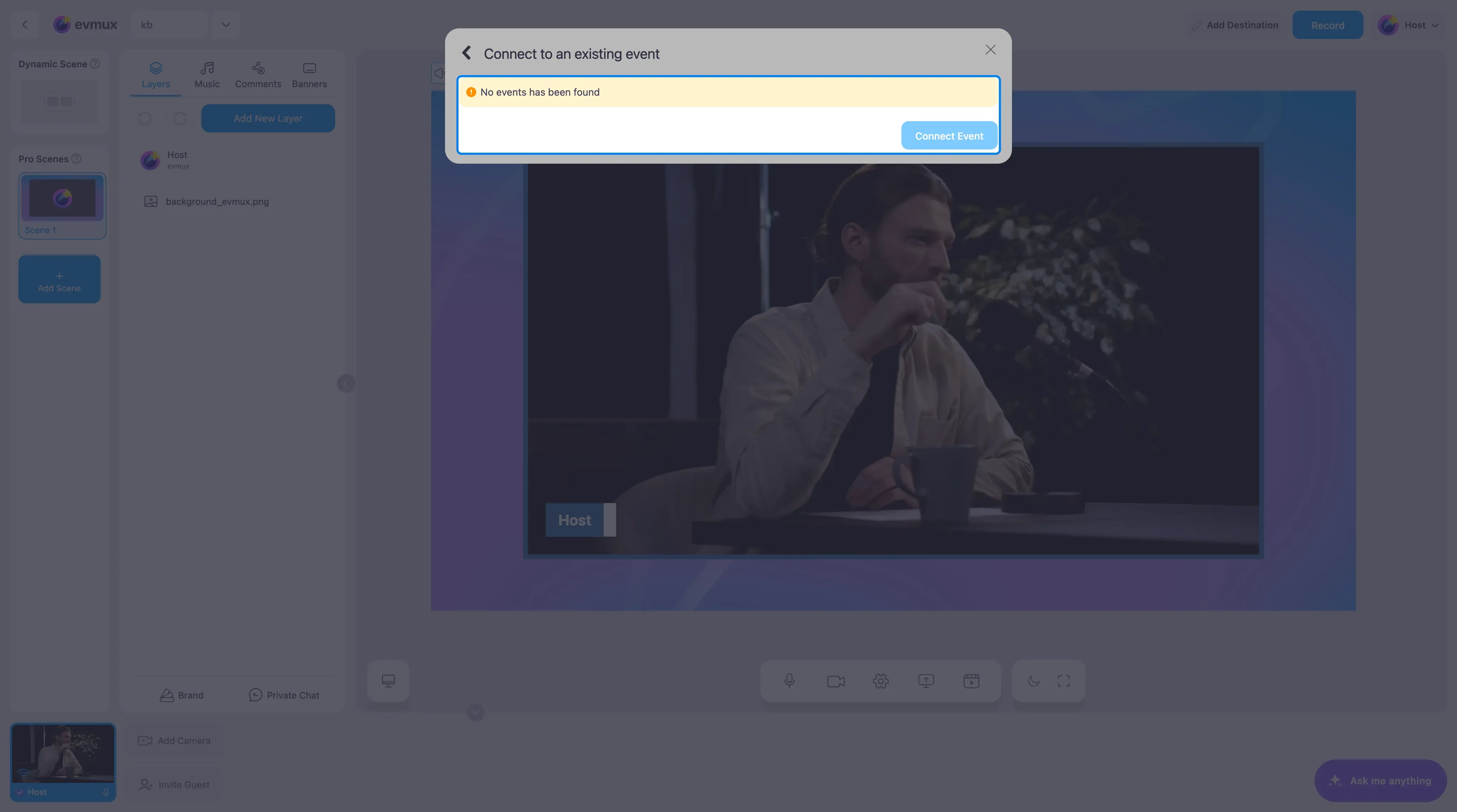 A janela Connect to an existing event. Ela lista seus próximos eventos do YouTube; aqui nenhum foi encontrado, então ela mostra "No events has been found" e o botão Connect Event fica desativado