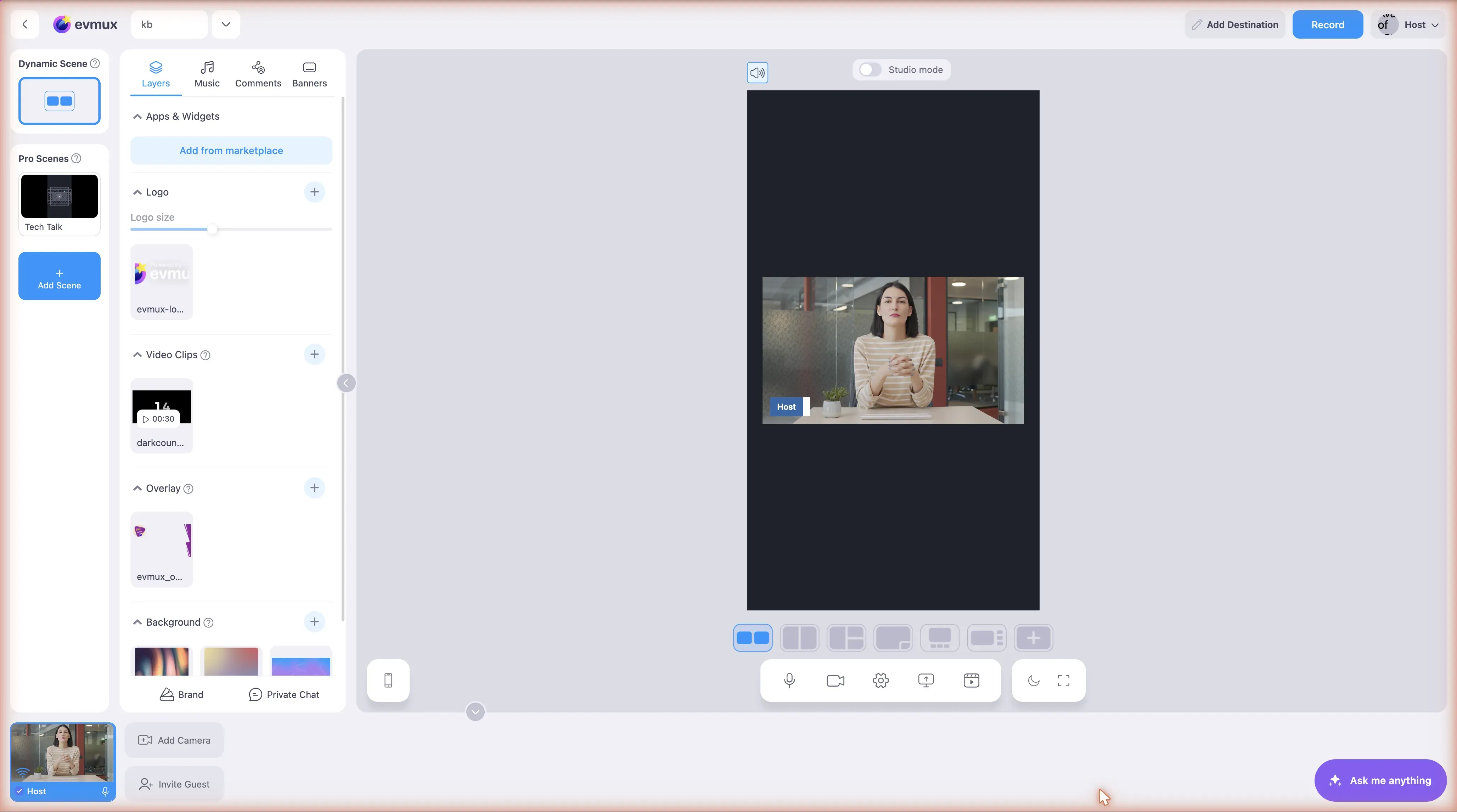 The studio in Portrait mode: a tall 9:16 scene preview with the host placed in the middle