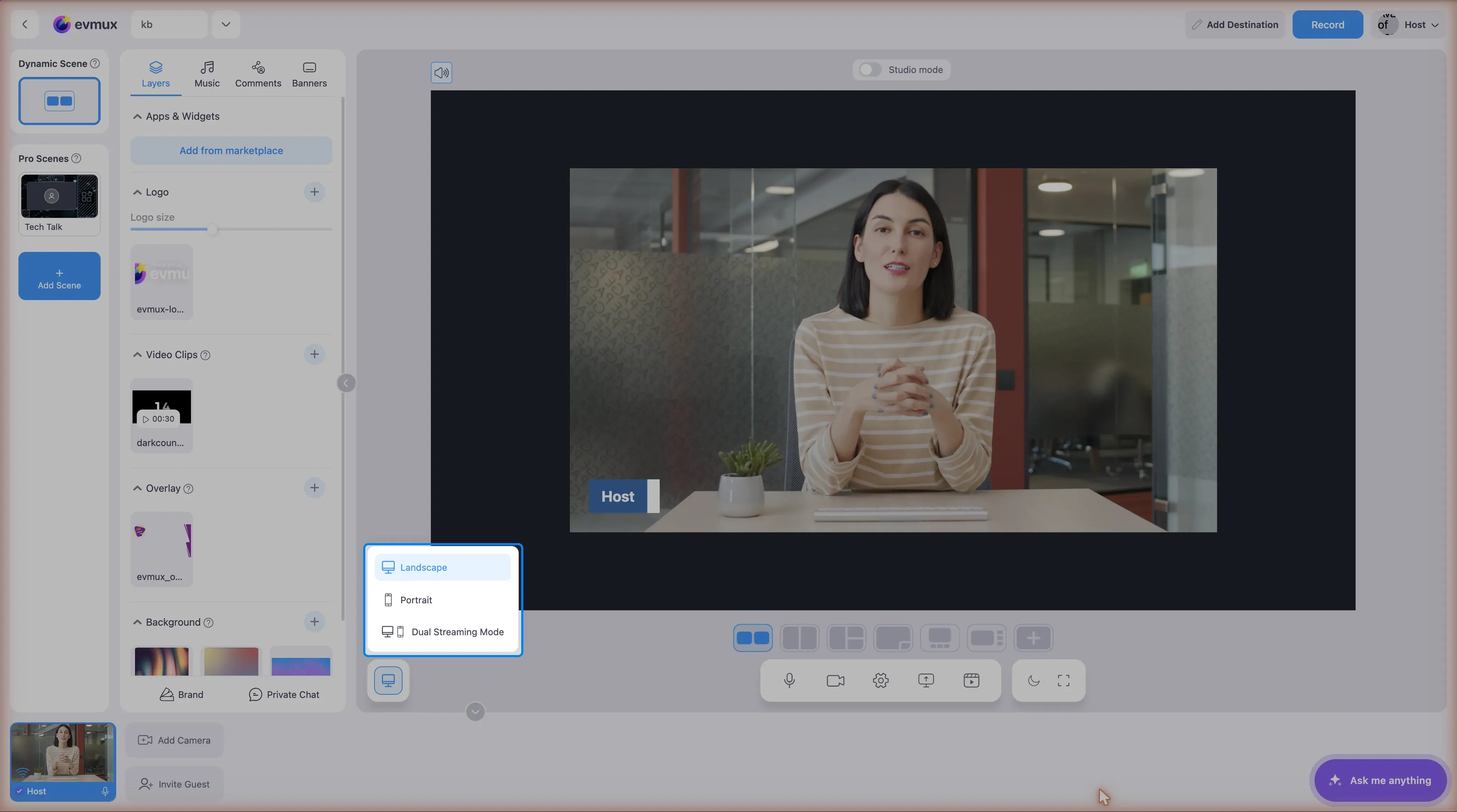The Streaming mode menu open above its toolbar icon, highlighted: Landscape, Portrait and Dual Streaming Mode