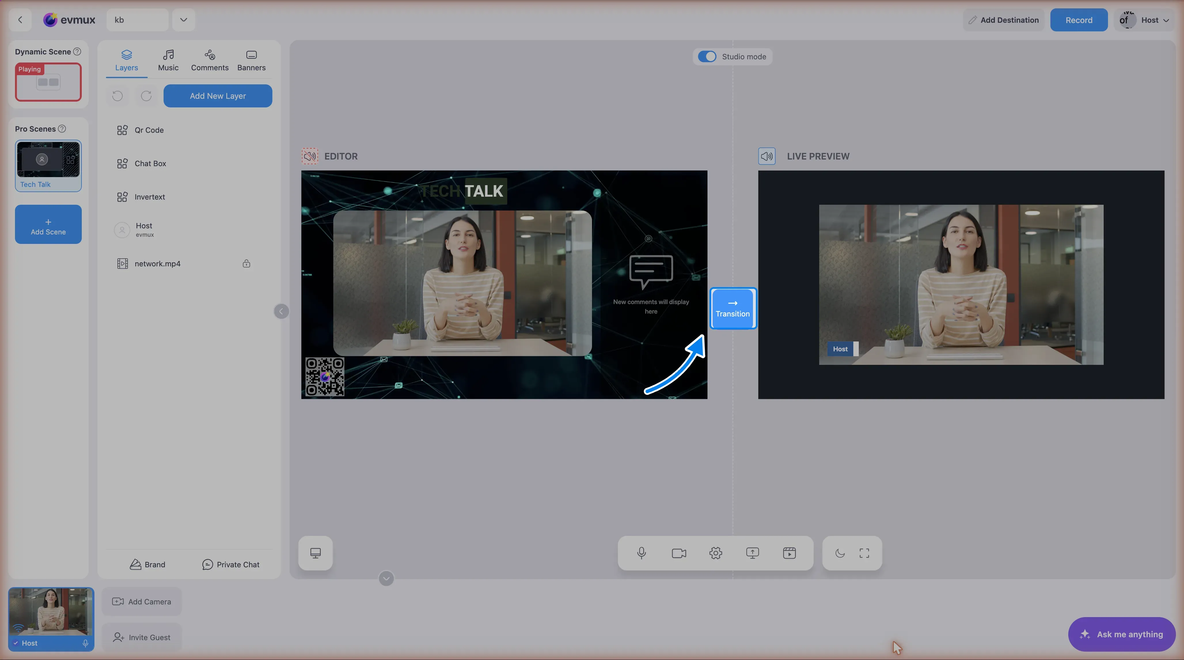 Studio mode on: the Editor showing a Pro Scene on the left, the Live Preview showing the Dynamic Scene on the right, and the Transition button between them highlighted