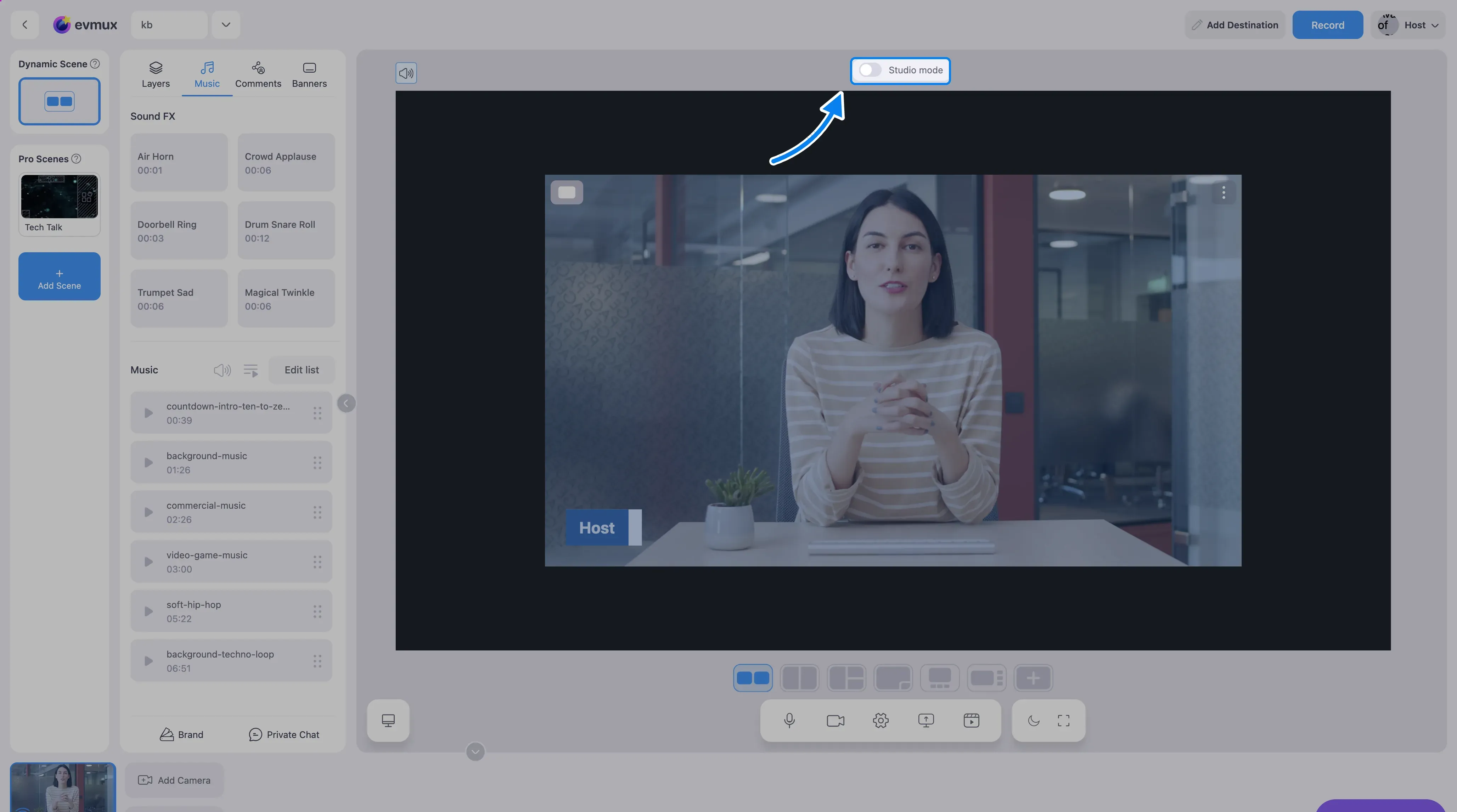 The studio with the Studio mode toggle highlighted above the scene preview