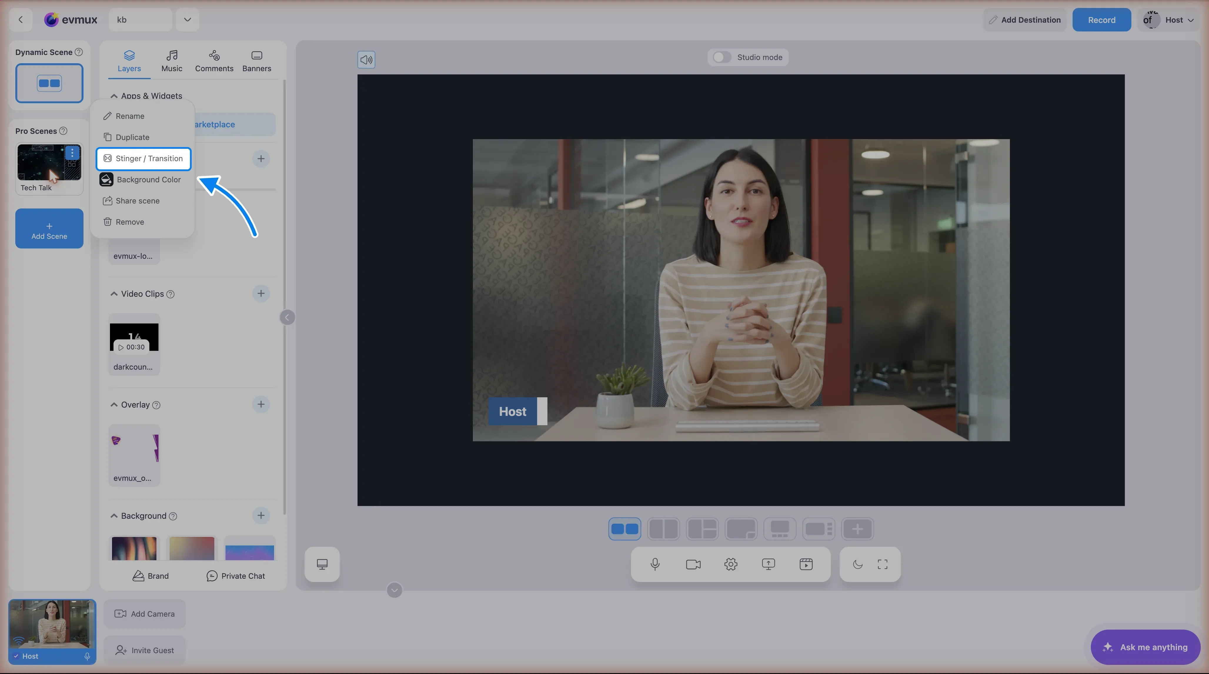 The scene right-click menu with Stinger / Transition highlighted, among Rename, Duplicate, Background Color, Share scene and Remove